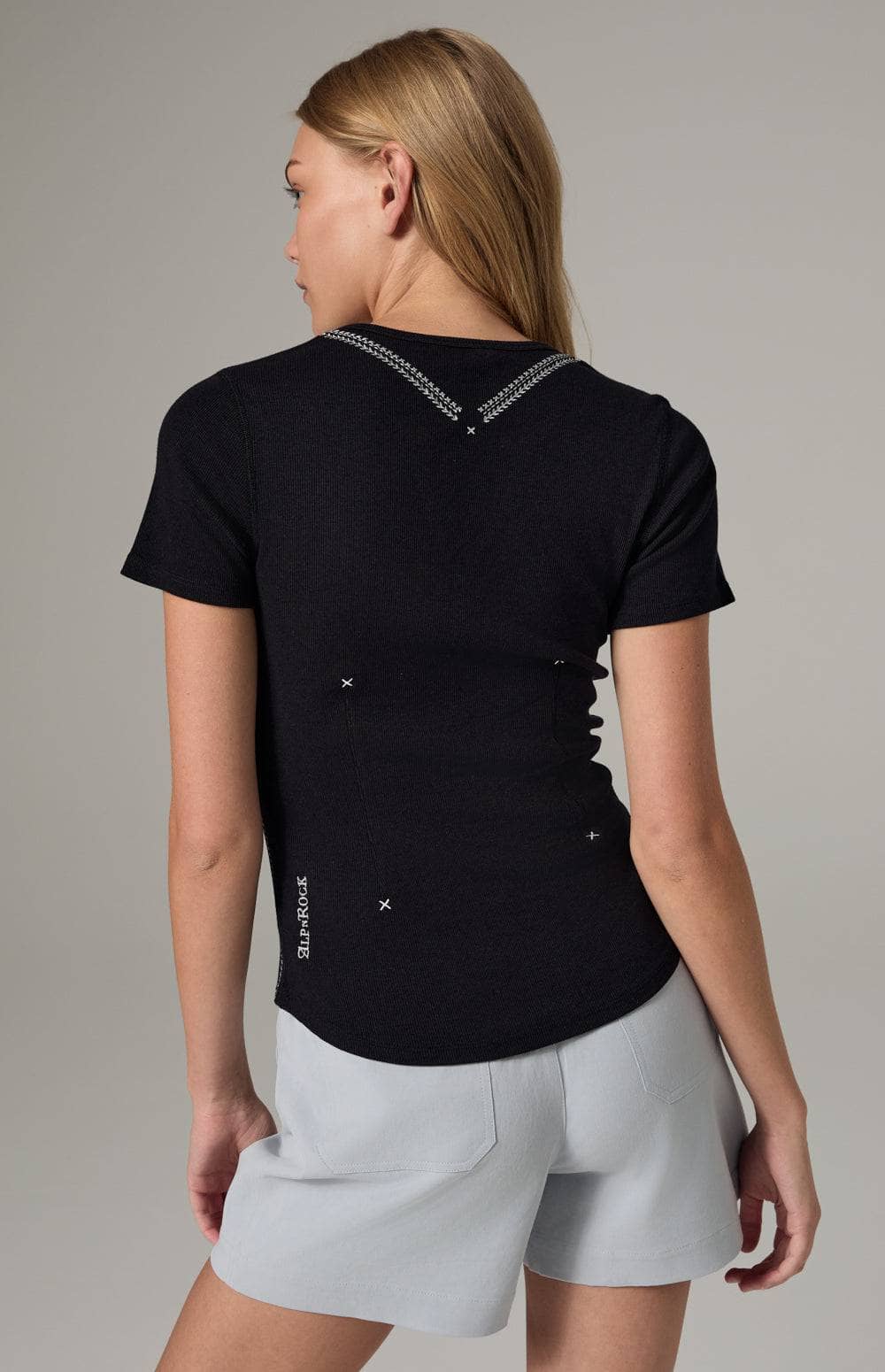 Alp N Rock Lua Short Sleeve Henley Shirt, Women's Black Top with Embroidery Along the Neckline and Down the Bodice.