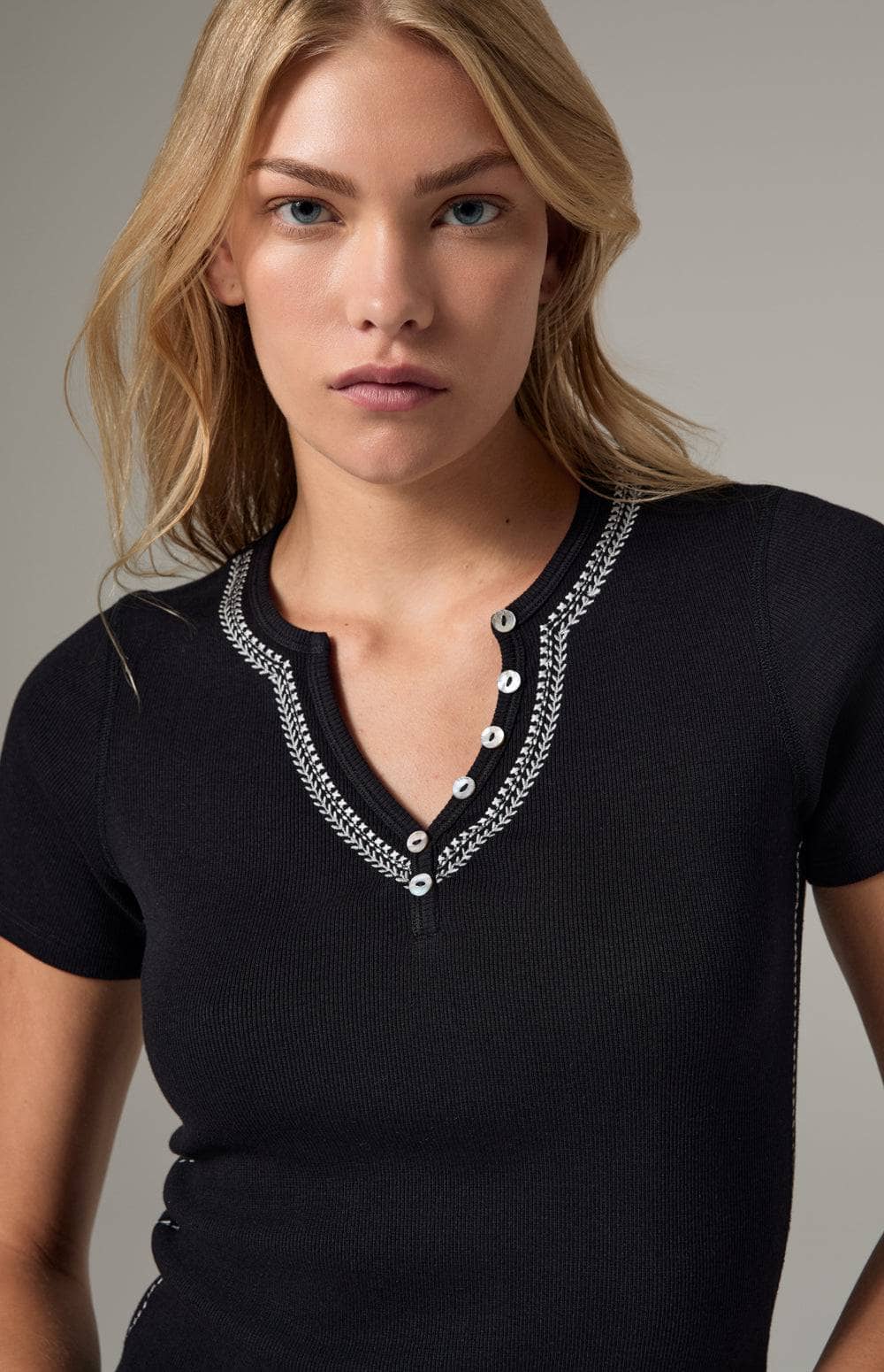 Alp N Rock Lua Short Sleeve Henley Shirt, Women's Black Top with Embroidery Along the Neckline and Down the Bodice.