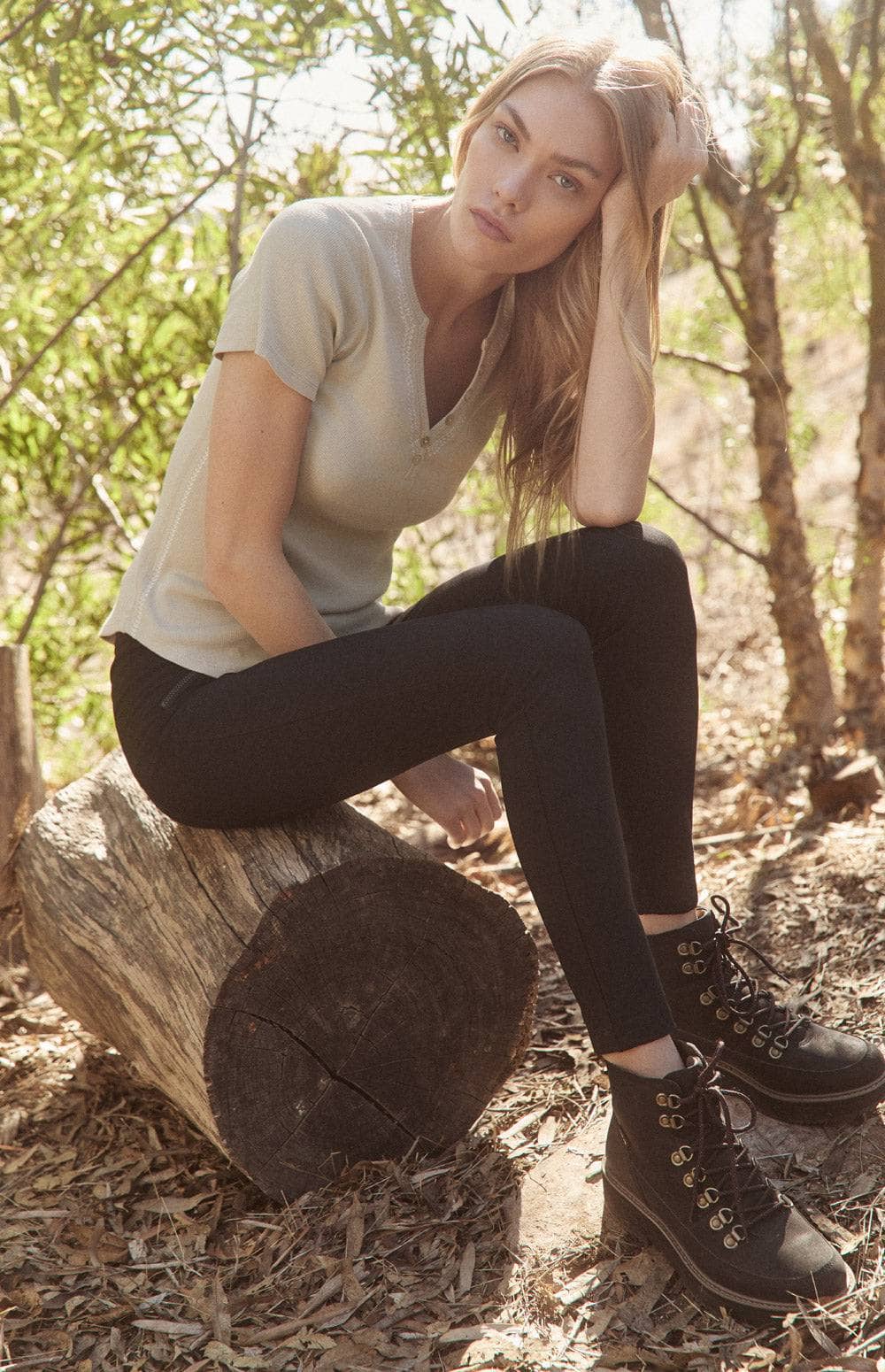 Alp N Rock Lua Short Sleeve Henley Shirt, Women's Beige Top with Embroidery Along the Neckline and Down the Bodice.