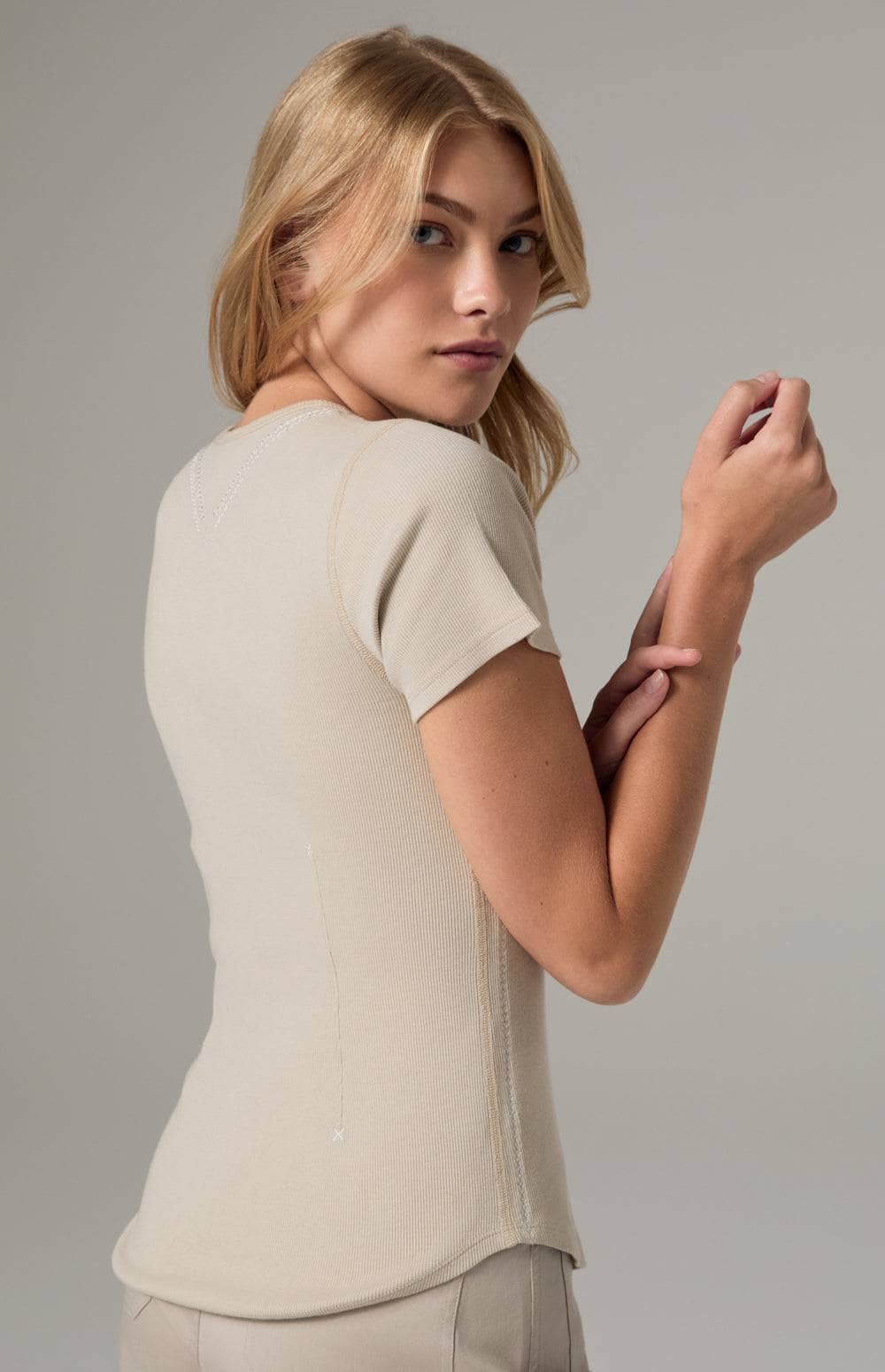 Alp N Rock Lua Short Sleeve Henley Shirt, Women's Beige Top with Embroidery Along the Neckline and Down the Bodice.