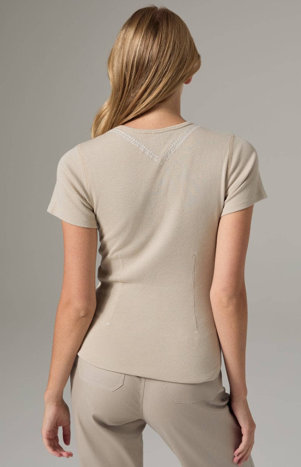 Alp N Rock Lua Short Sleeve Henley Shirt, Women's Beige Top with Embroidery Along the Neckline and Down the Bodice.