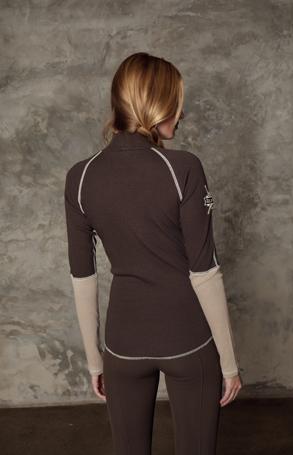 Alp N Rock Lucy Shirt, brown mock neck longsleeve shirt for women with mountain scene and Les Alpes lettering