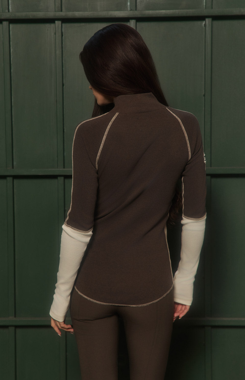 Alp N Rock Lucy Shirt, brown mock neck longsleeve shirt for women with mountain scene and Les Alpes lettering
