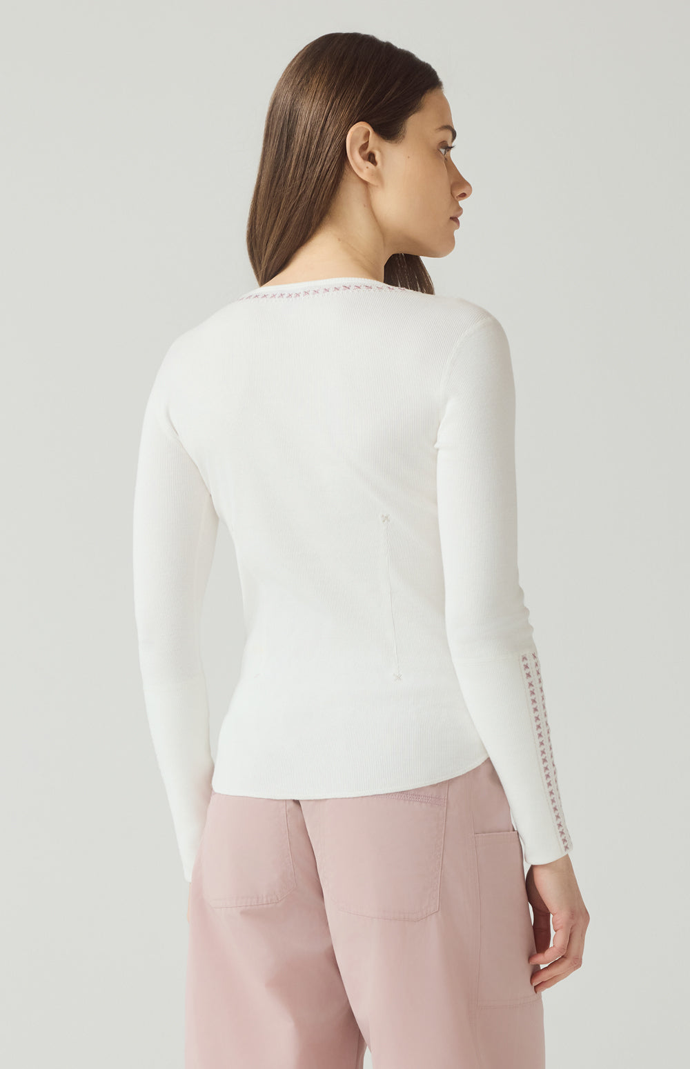 Alp N Rock Rock Lyla Henley Shirt, off white longsleeve henley shirt with women with pink accent stitching