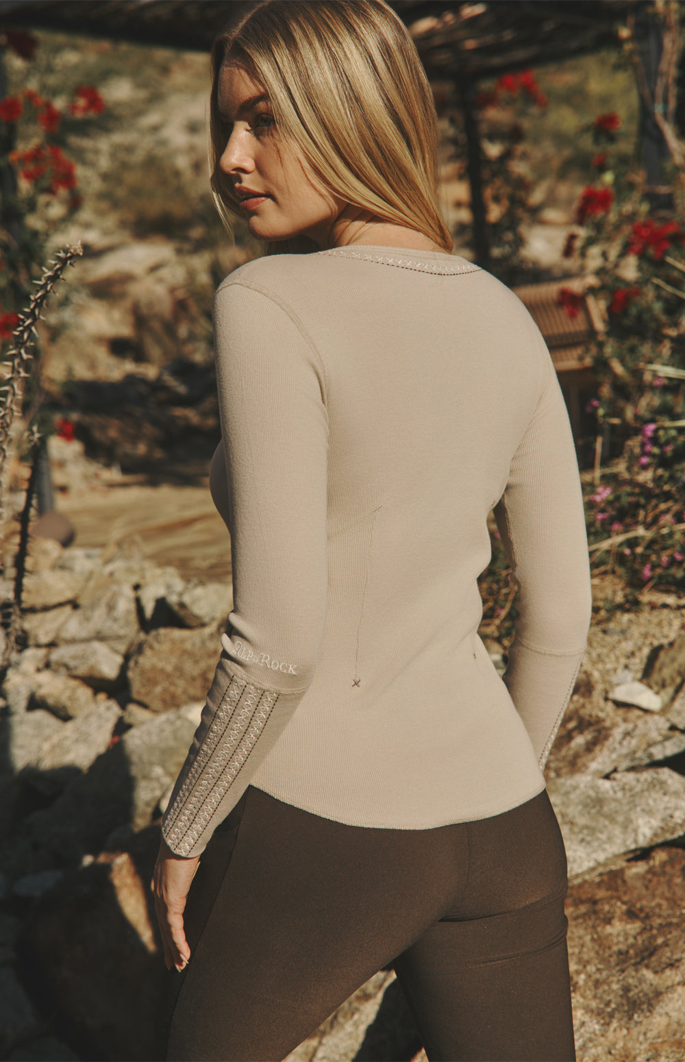 Alp N Rock Rock Lyla Henley Shirt, beige longsleeve henley shirt with women with white accent stitching