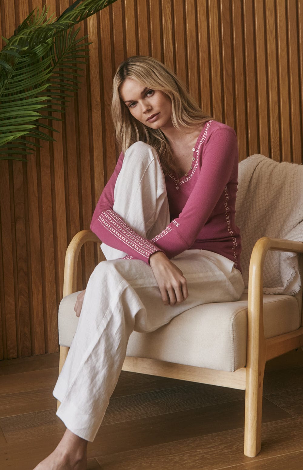 Lyla Henley Shirt by Alp N Rock, Women's Pink Long Sleeve Henley Shirt with White Embroidery at the Neck and Sleeves