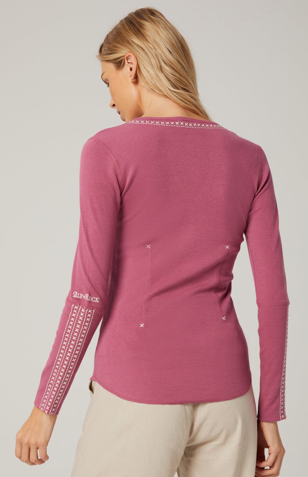 Lyla Henley Shirt by Alp N Rock, Women's Pink Long Sleeve Henley Shirt with White Embroidery at the Neck and Sleeves