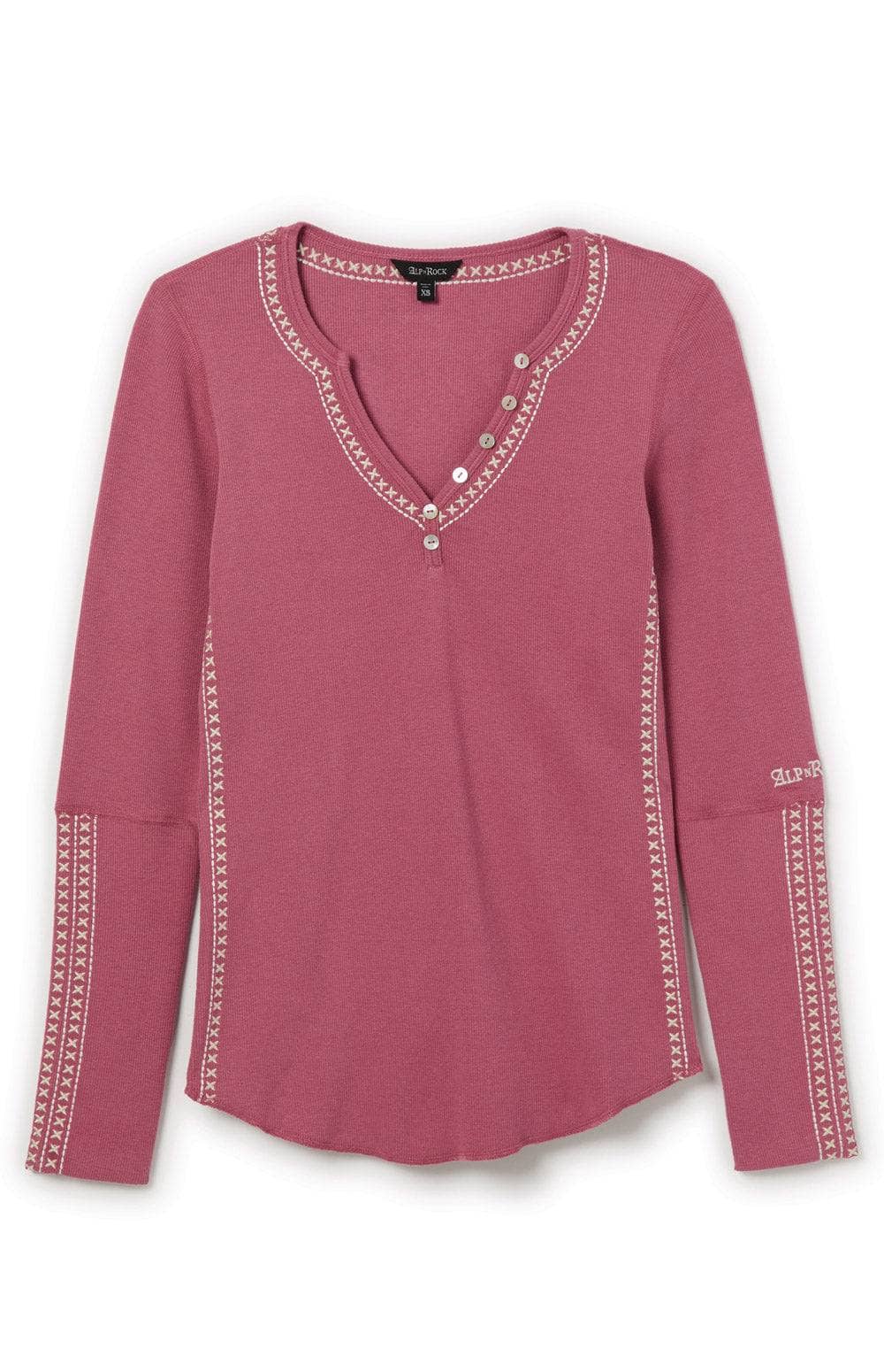 Lyla Henley Shirt by Alp N Rock, Women's Pink Henley Shirt with Embroidered Details at Neck, Sleeves, and Bodice