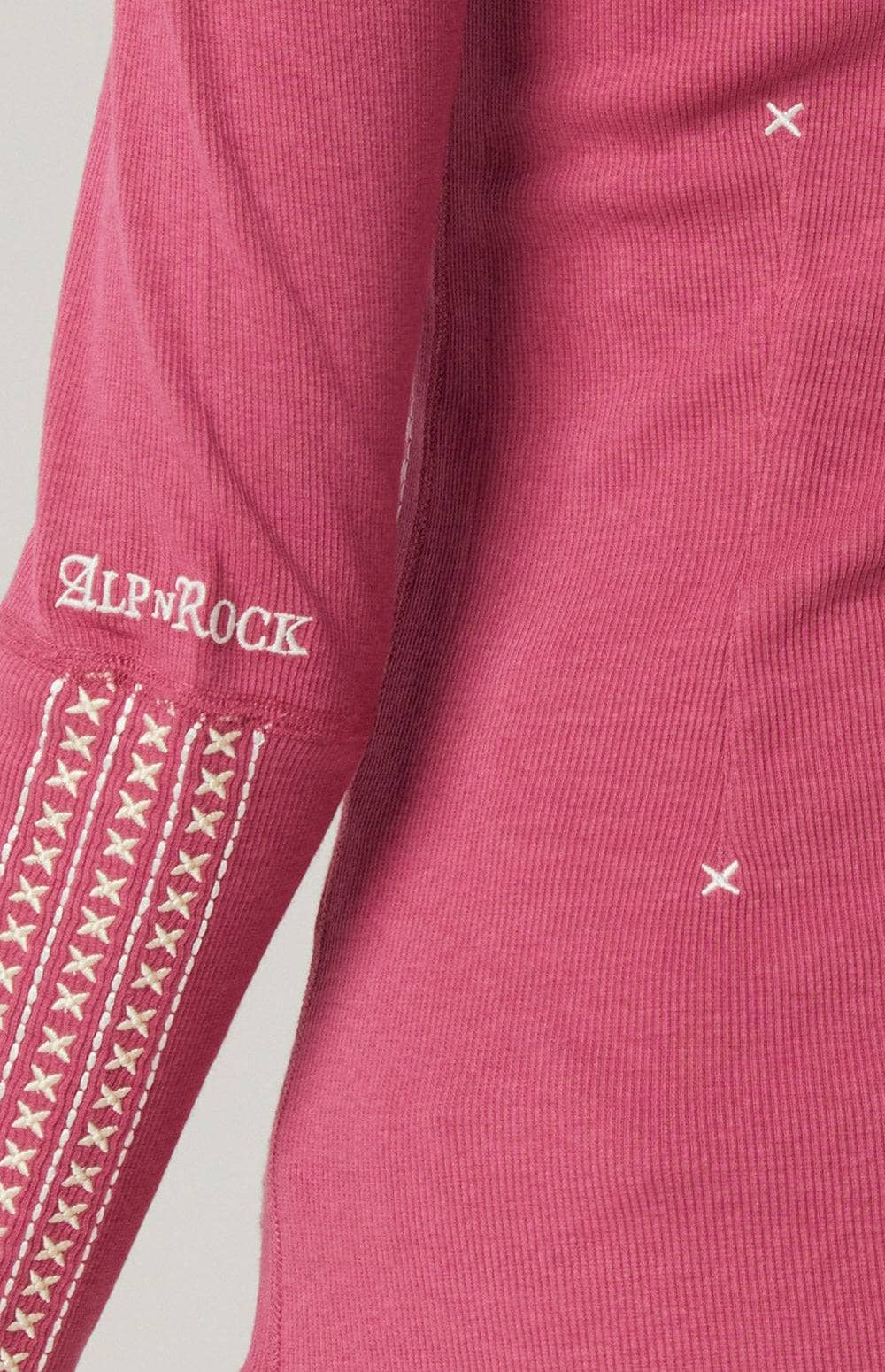Lyla Henley Shirt by Alp N Rock, Women's Pink Henley Shirt with Embroidered Details at Neck, Sleeves, and Bodice