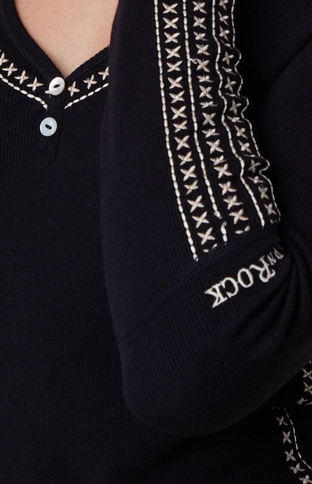 Lyla Henley Shirt by Alp N Rock, Women's Black Henley Shirt with Embroidered Details at Neck, Sleeves, and Bodice