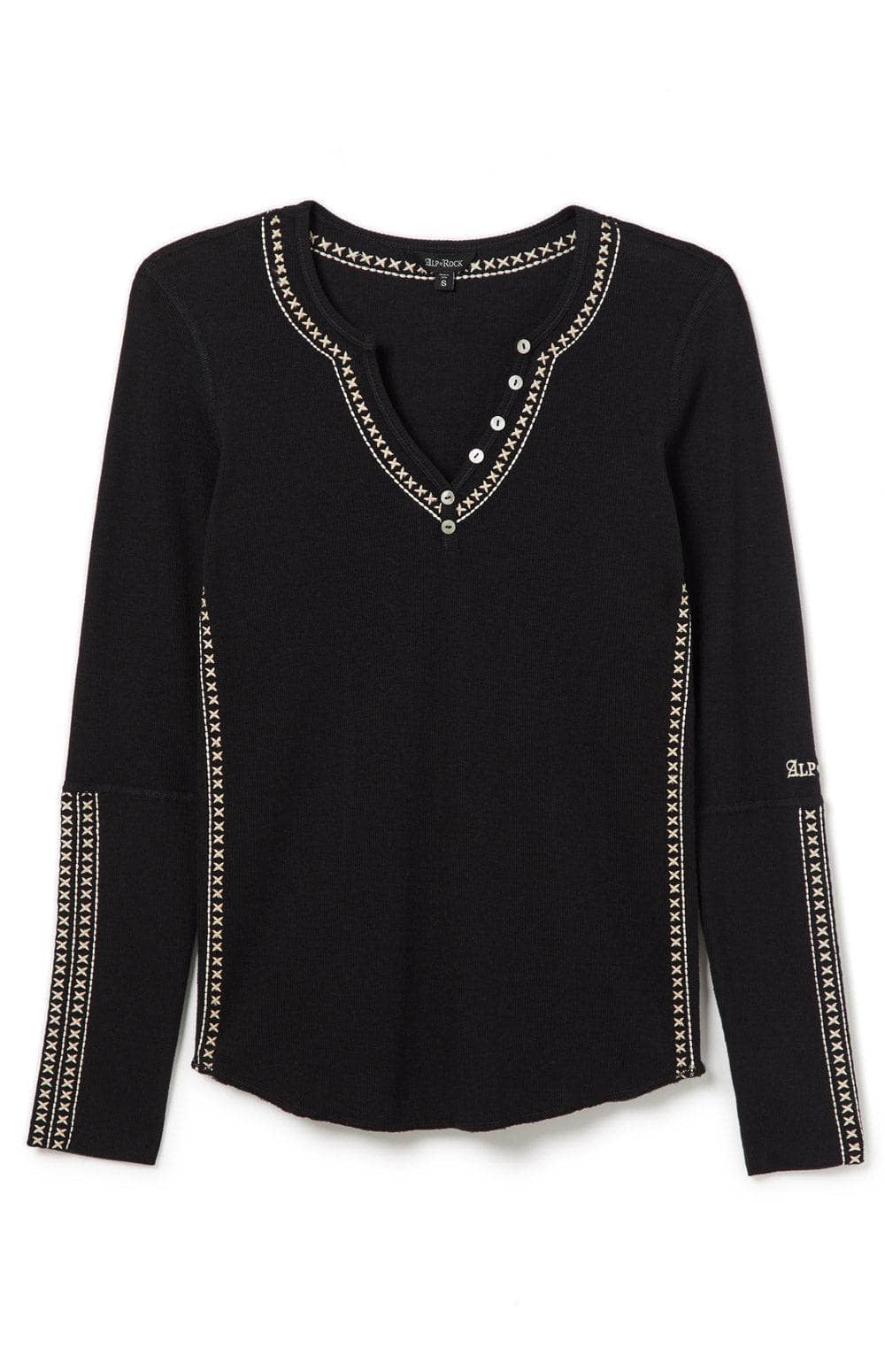 Lyla Henley Shirt by Alp N Rock, Women's Black Henley Shirt with Embroidered Details at Neck, Sleeves, and Bodice