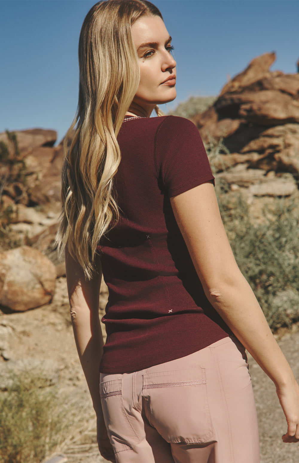 Alp N Rock Maisie Henley Shirt, dark cherry short sleeve henley shirt for women with accent stitching at the neckline and bodice