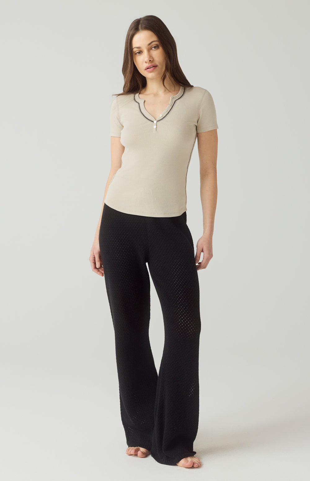 Alp N Rock Maisie Shirt, beige short sleeve henley shirt for women with stitchng detail at the neckline