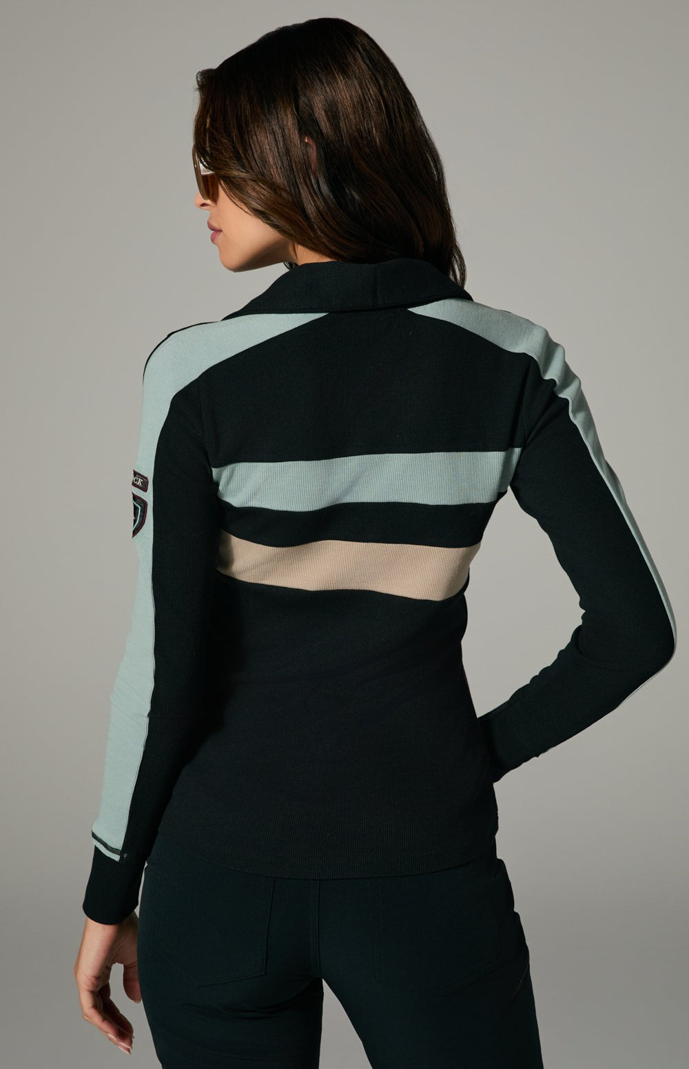 Alp N Rock Mason Polo Shirt, black longsleeve polo shirt with beige and blue stripes