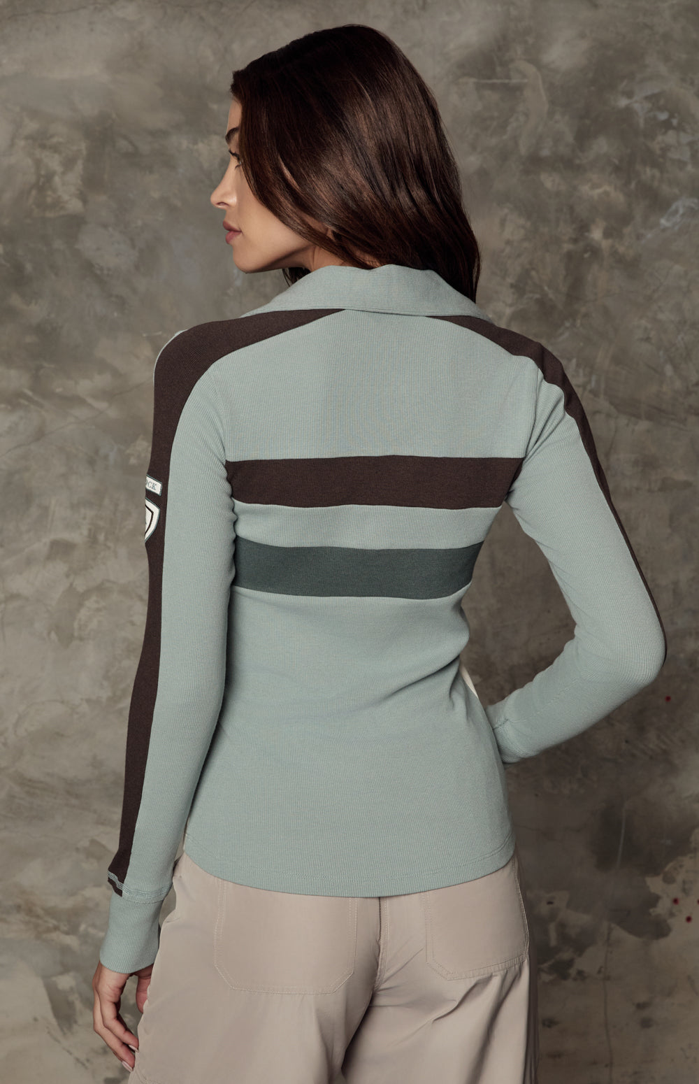Alp N Rock Mason Polo Shirt, light blue longsleeve polo shirt for women with colorblocked stripes