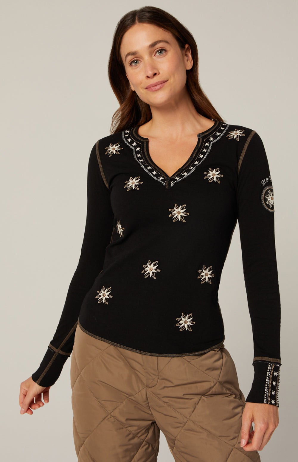 Alp N Rock Natasha Henley Shirt, black longsleeve henley shirt for women with embroidered flowers and stitching