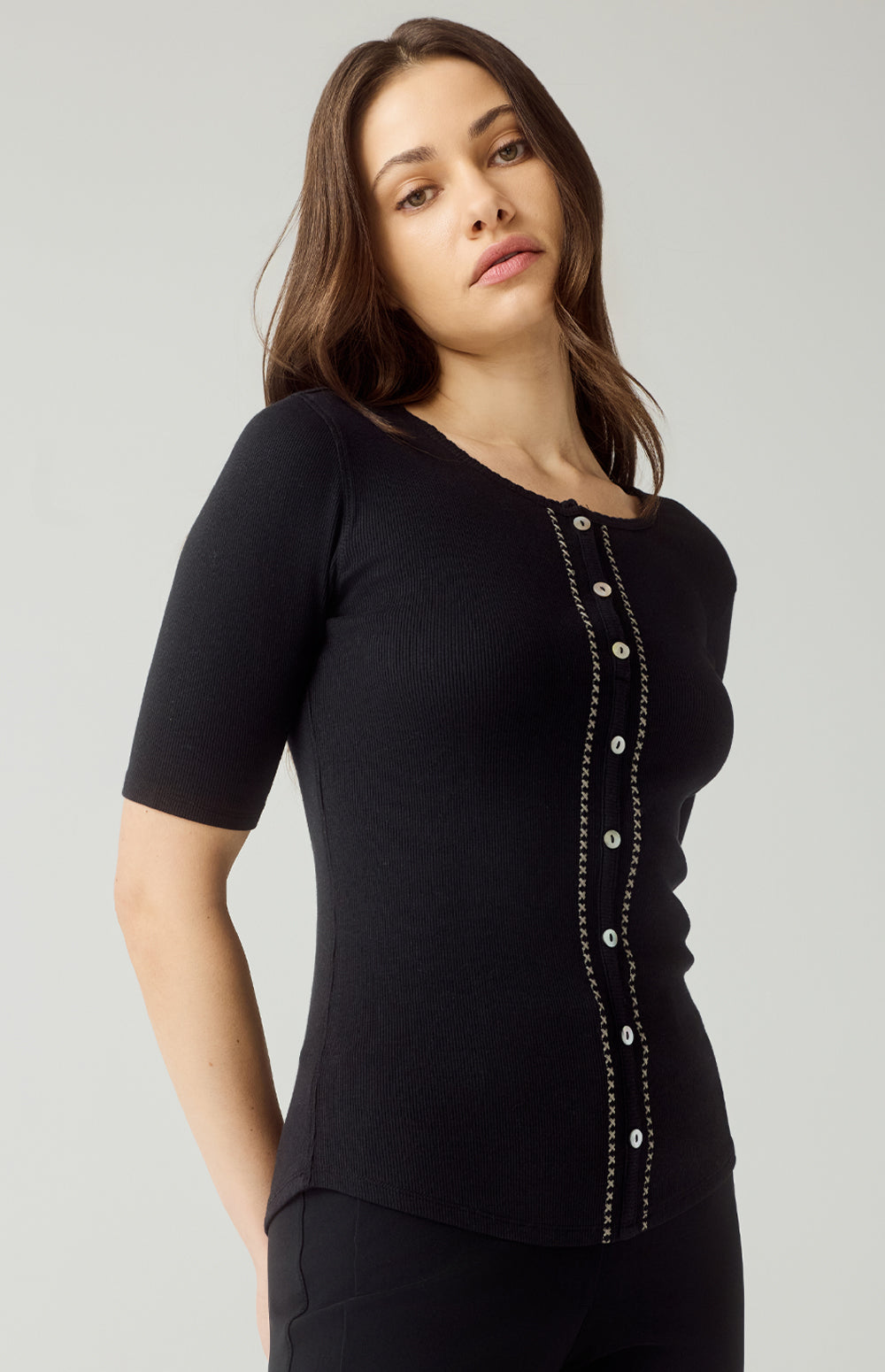 Alp N Rock Rosalia Shirt, black short sleeve henley shirt for women with button front