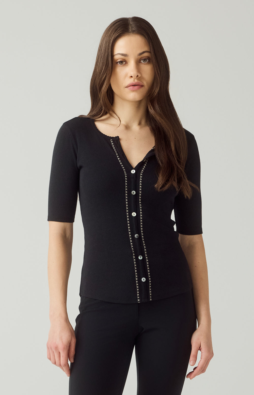 Alp N Rock Rosalia Shirt, black short sleeve henley shirt for women with button front