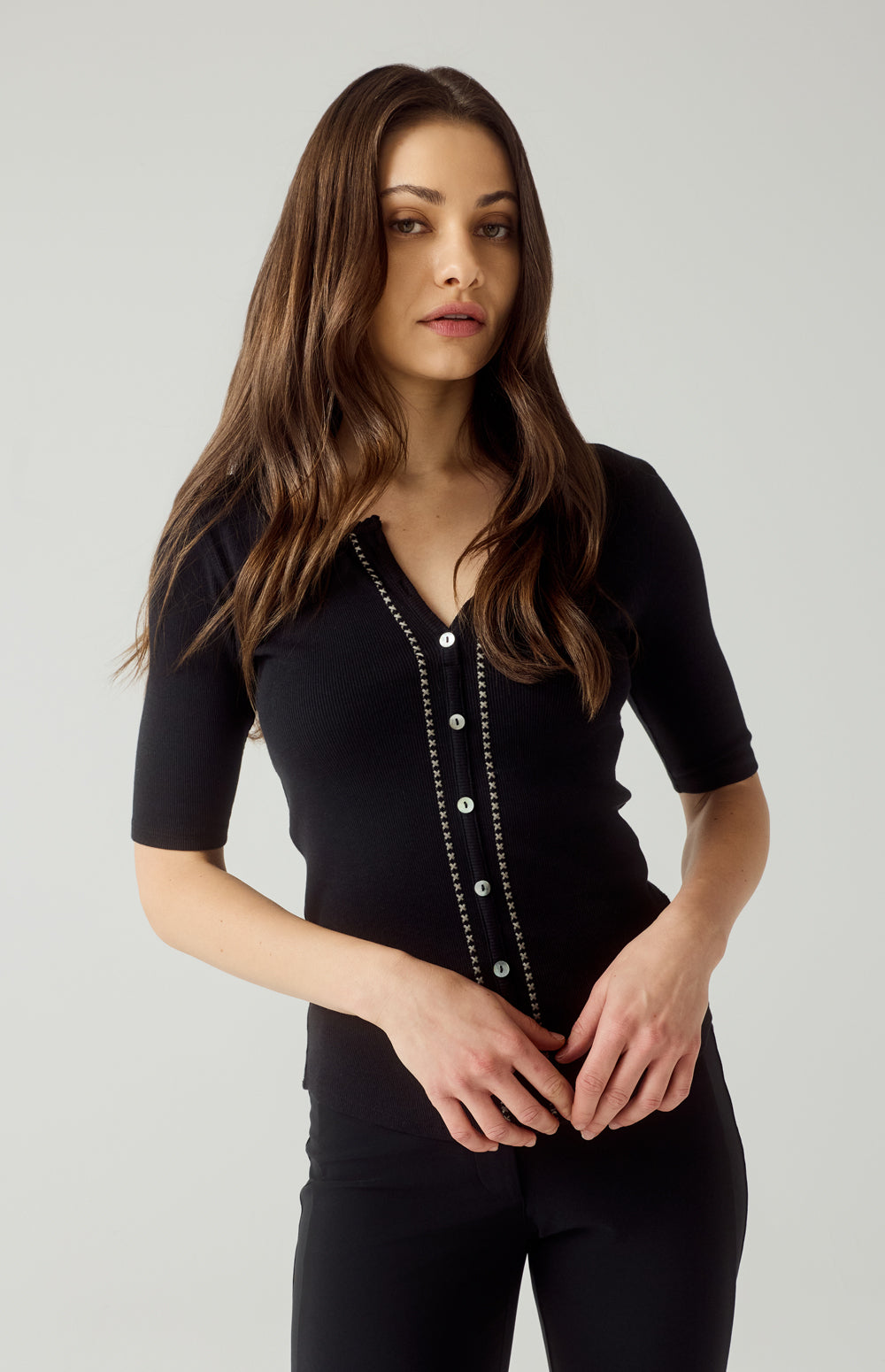 Alp N Rock Rosalia Shirt, black short sleeve henley shirt for women with button front