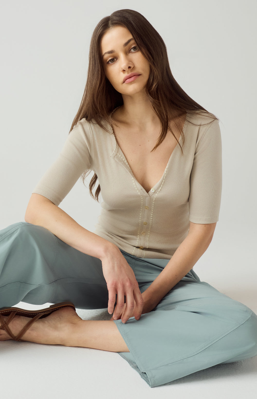 Alp N Rock Rosalia Shirt, beige short sleeve henley shirt for women with button front