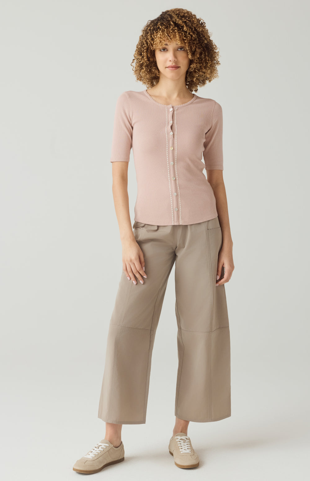 Alp N Rock Rosalia Shirt, rose pink short sleeve henley shirt for women with button front