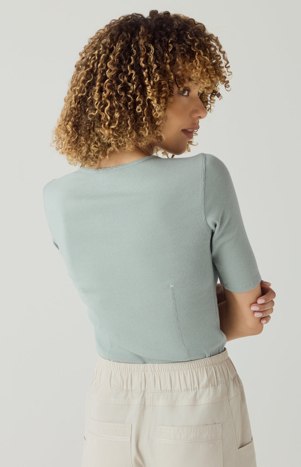 Alp N Rock Rosalia Shirt, silver blue short sleeve henley shirt for women with button front