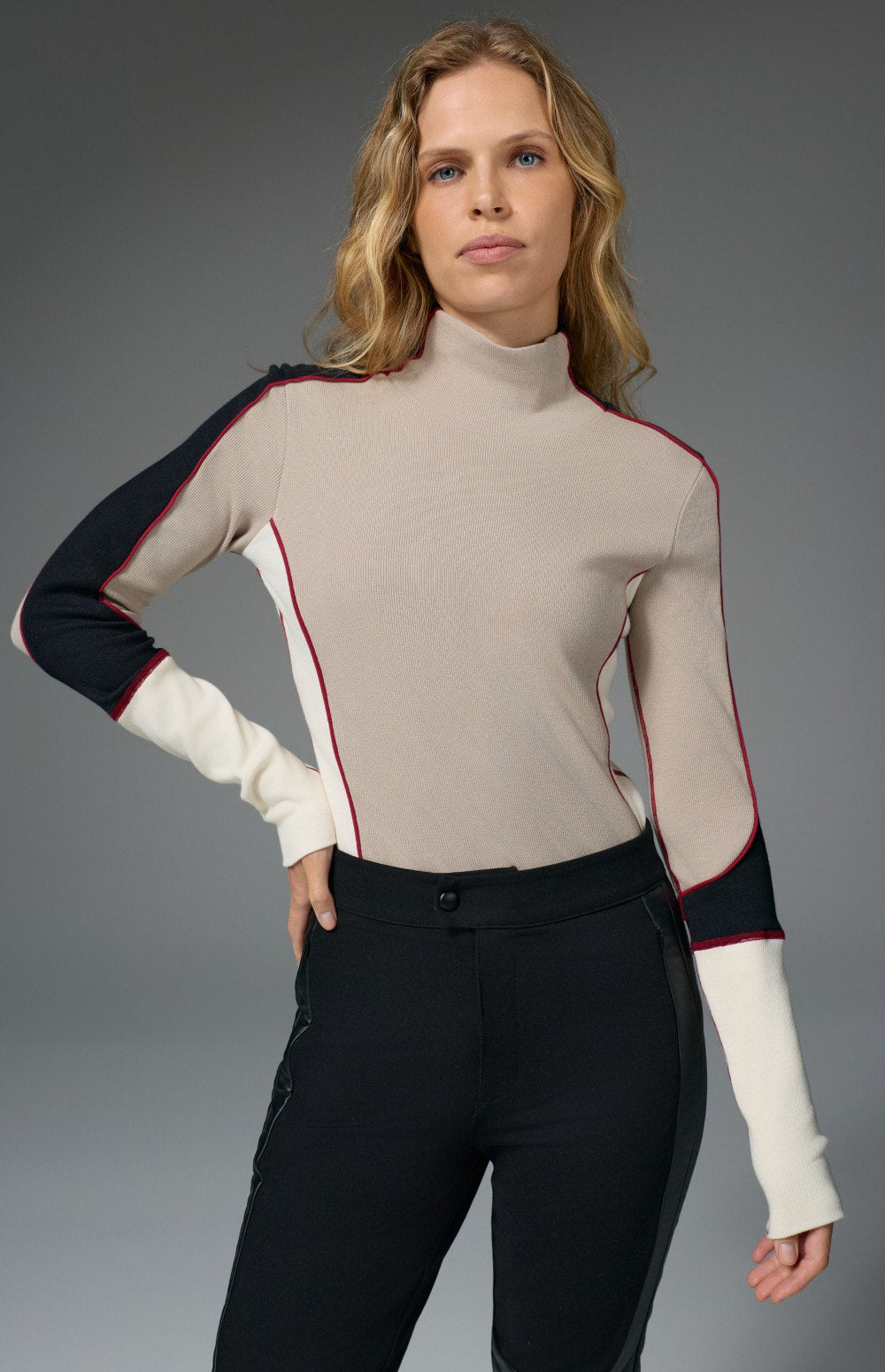 Alp N Rock Savannah Mock Neck, beige, black, and white longsleeve ski shirt for women