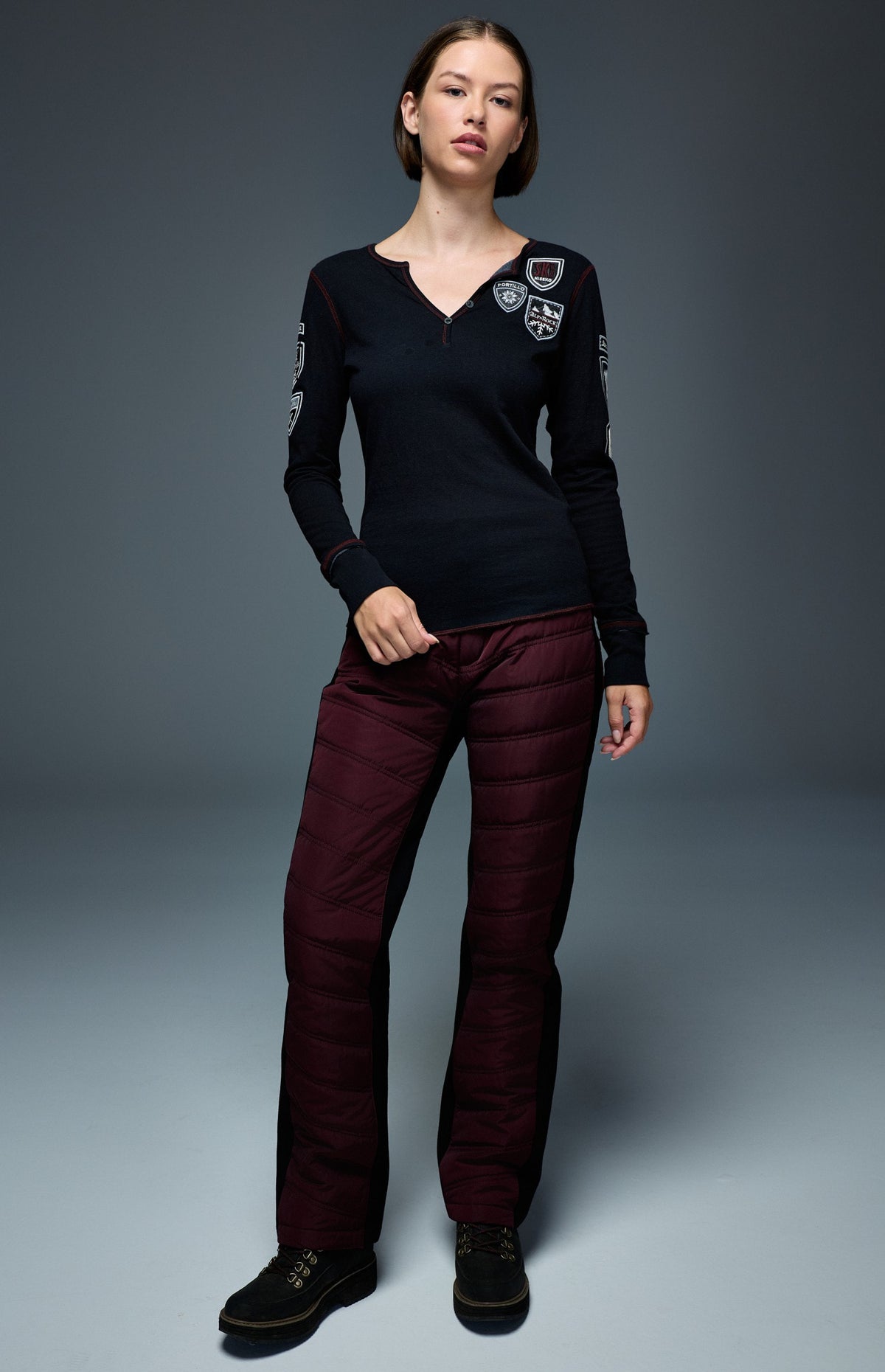 Alp N Rock Ski The World Henley Shirt, women's black henley shirt with embroidered ski patches all over