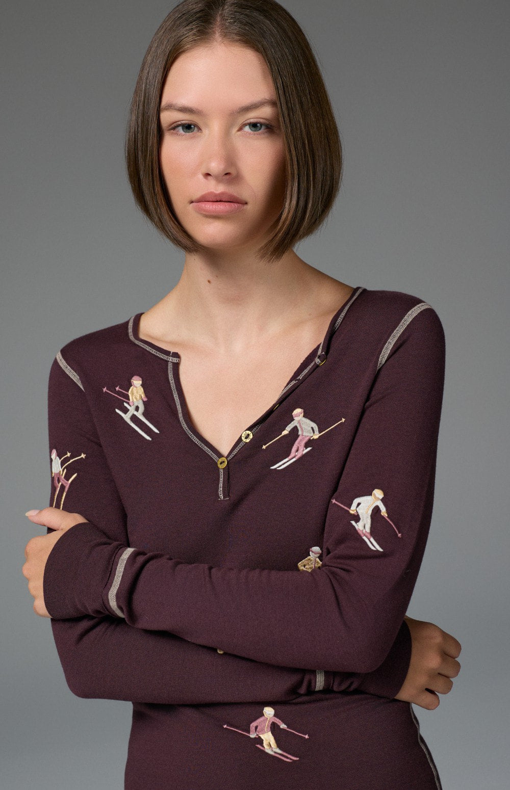 Alp N Rock Slope II Henley Shirt, women's dark red henley shirt with embroidered skiers all over