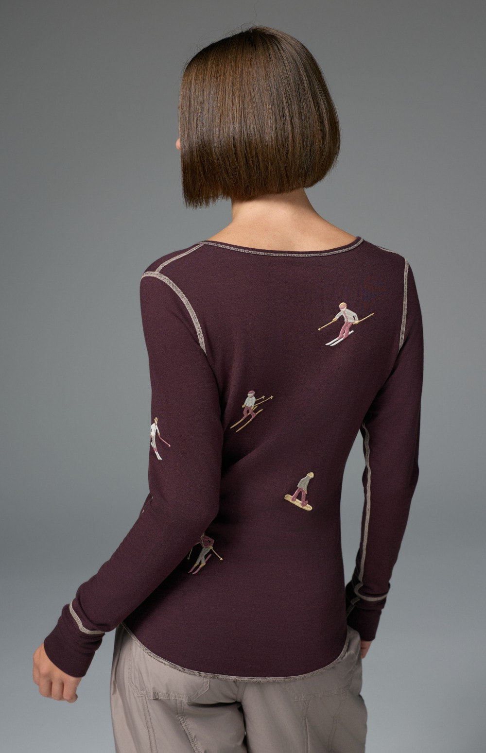 Alp N Rock Slope II Henley Shirt, women's dark red henley shirt with embroidered skiers all over