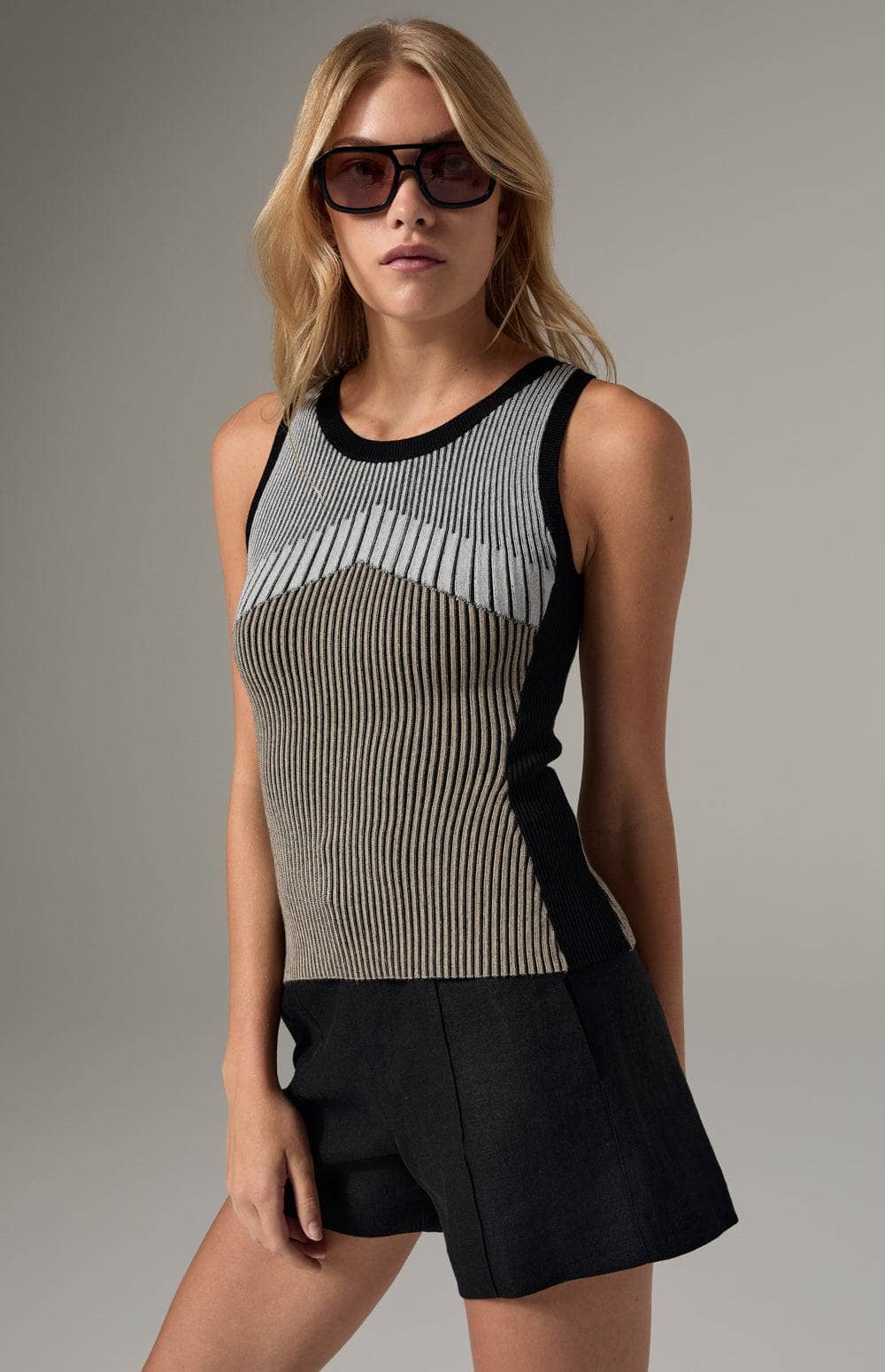 Alp N Rock Tallulah Tank, Women's Ribbed Knit Tank Top with Graphic Pattern in Beige, Grey, and Black
