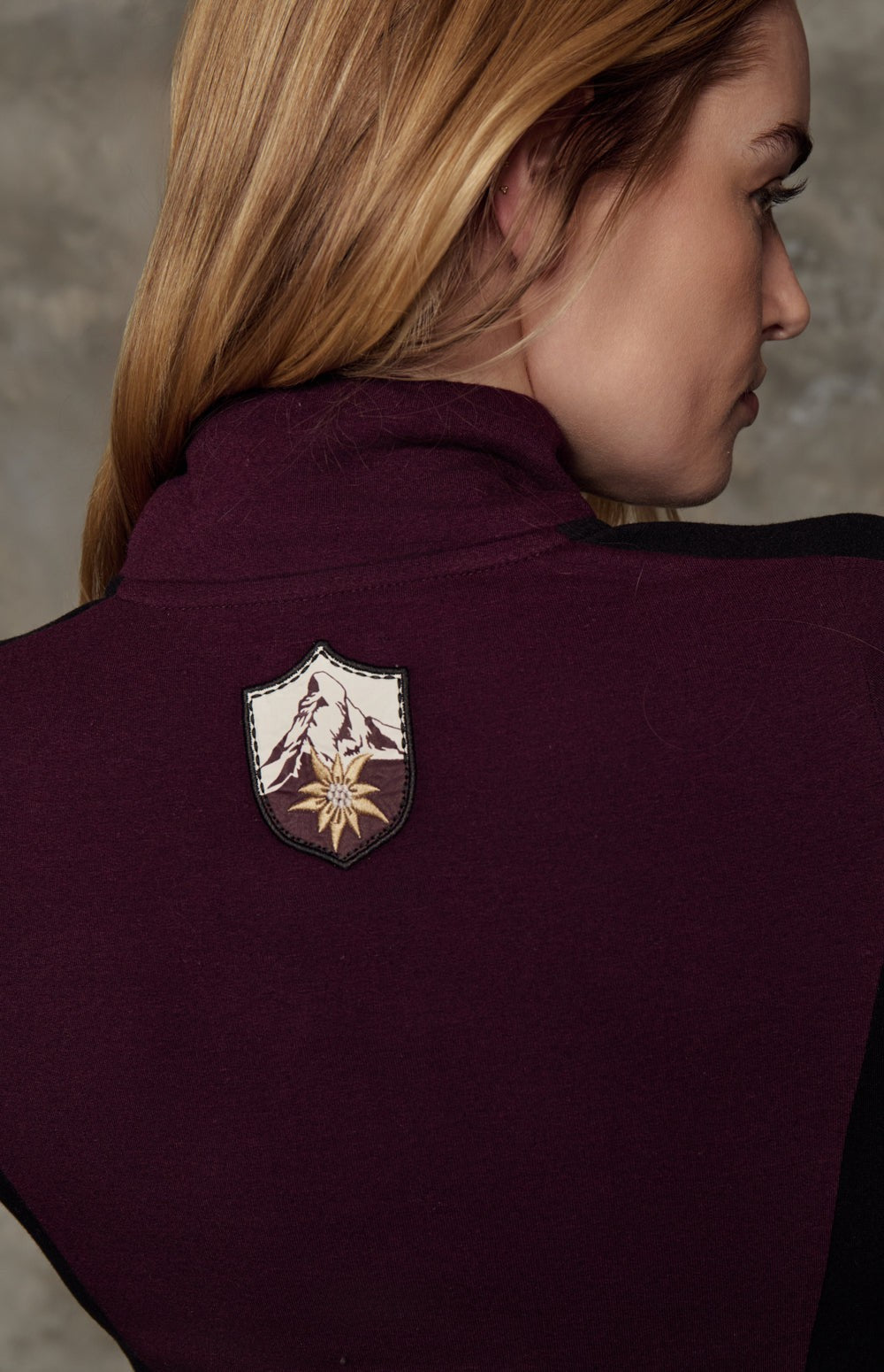Alp N Rock Tanvi Top, dark cherry mock neck longsleeve top with half zip with black accents at the sleeves and sides