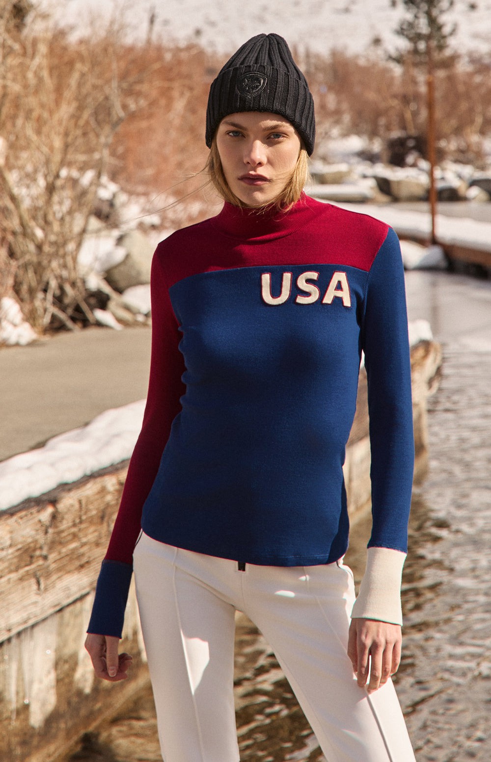 Alp N Rock USA Fallon Top, red and blue colorblock mock neck top for women with ski lettering