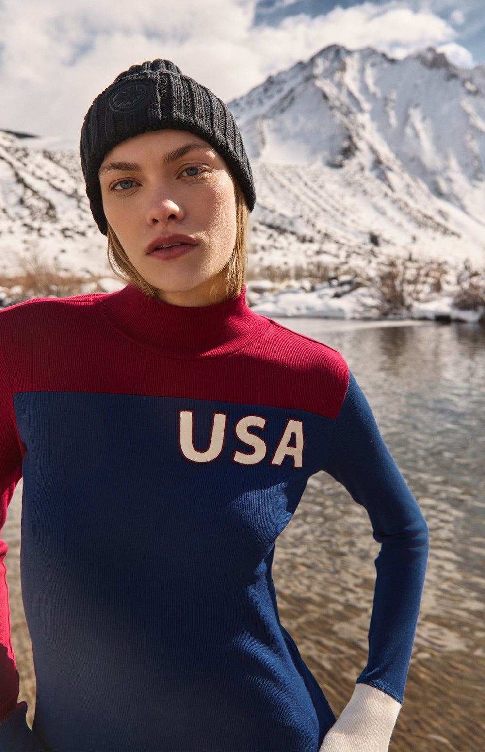 Alp N Rock USA Fallon Top, red and blue colorblock mock neck top for women with ski lettering