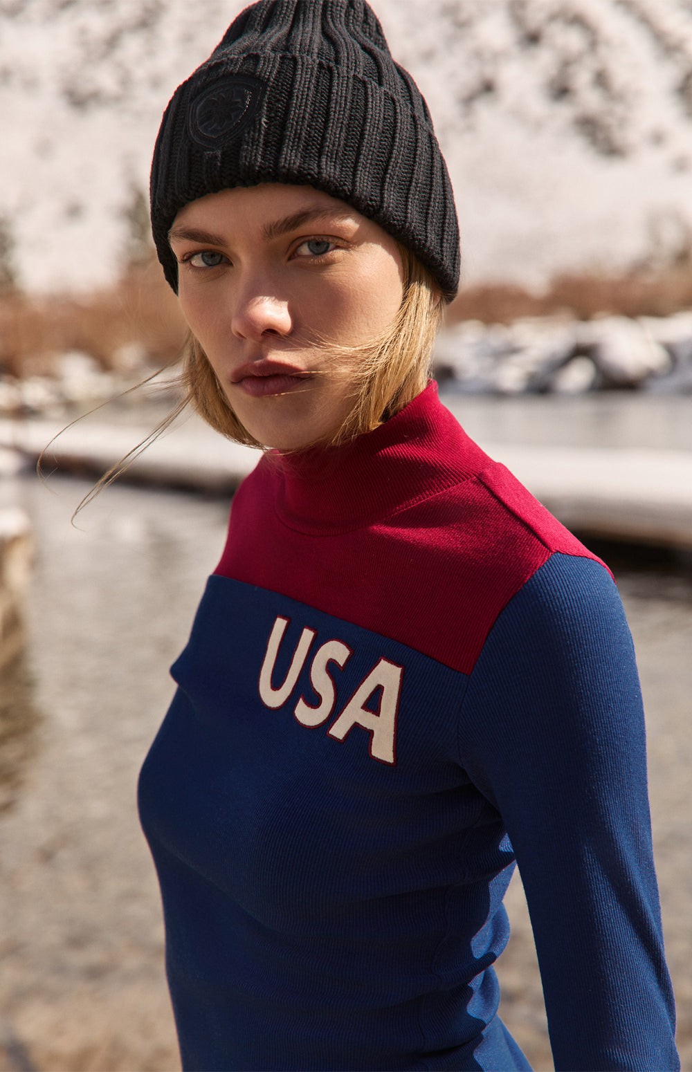 Alp N Rock USA Fallon Top, red and blue colorblock mock neck top for women with ski lettering