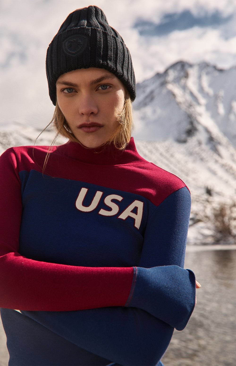 Alp N Rock USA Fallon Top, red and blue colorblock mock neck top for women with ski lettering