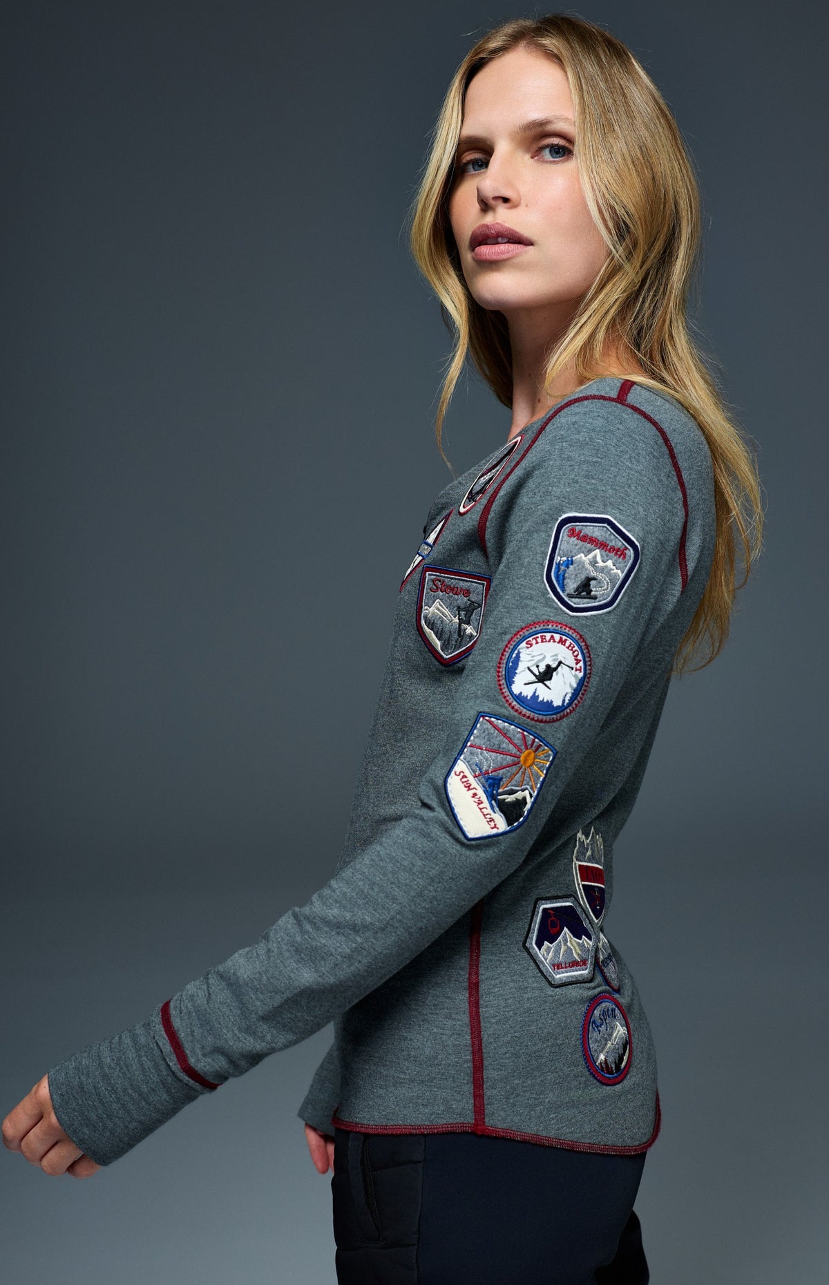 Alp N Rock USA Resorts Henley Shirt, heather grey longsleeve henley shirt with red lining and ski patches all over