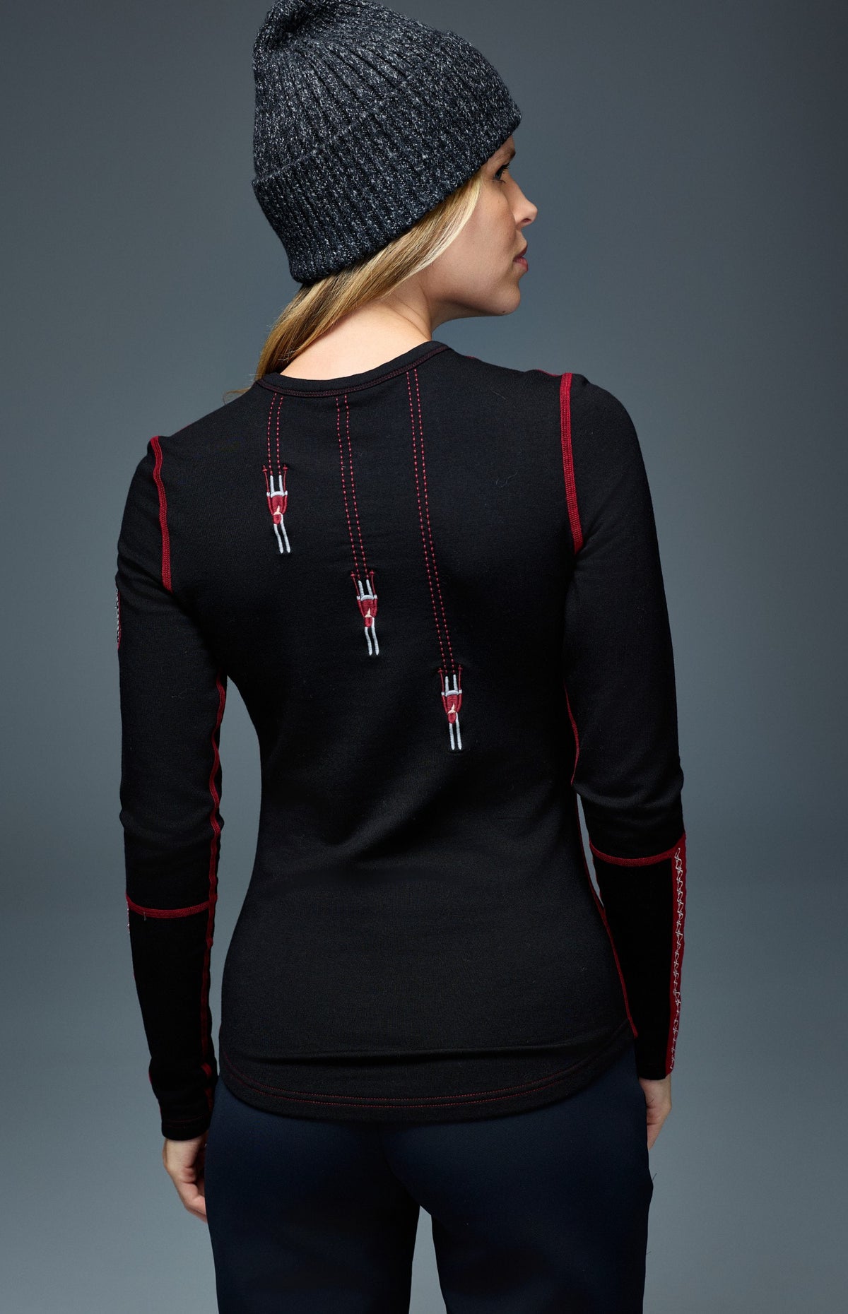 Alp N Rock Vail Ski Crew, black and red longsleeve ski shirt for women with embroidered skiers and Vail lettering