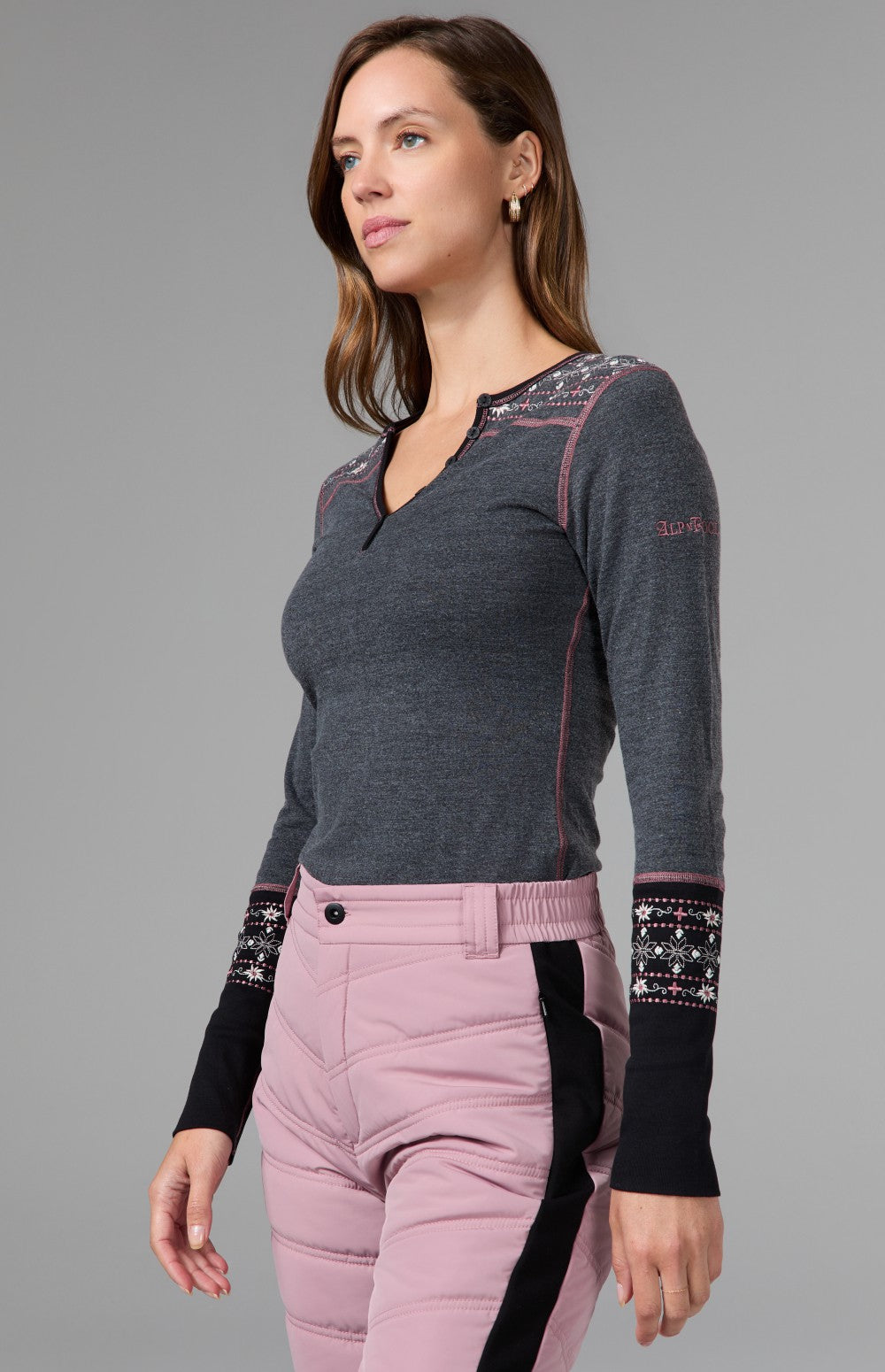Alp N Rock Vintage Cross Ski Henley Shirt, heather black longsleeve henley shirt for women with embroidered flowers at the shoulders and sleeves
