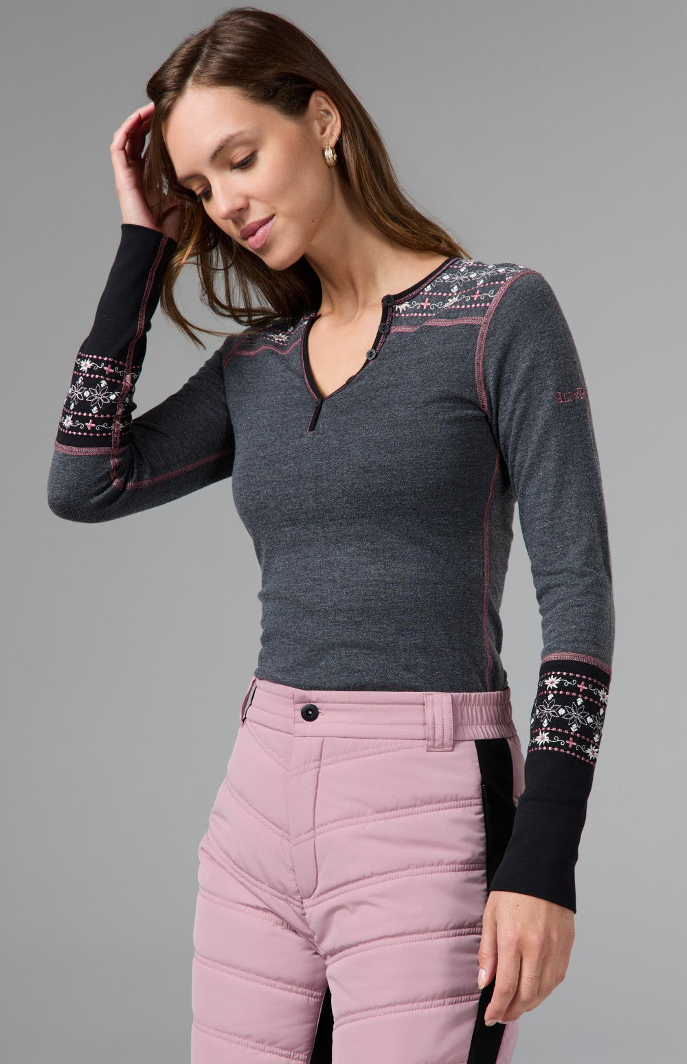 Alp N Rock Vintage Cross Ski Henley Shirt, heather black longsleeve henley shirt for women with embroidered flowers at the shoulders and sleeves