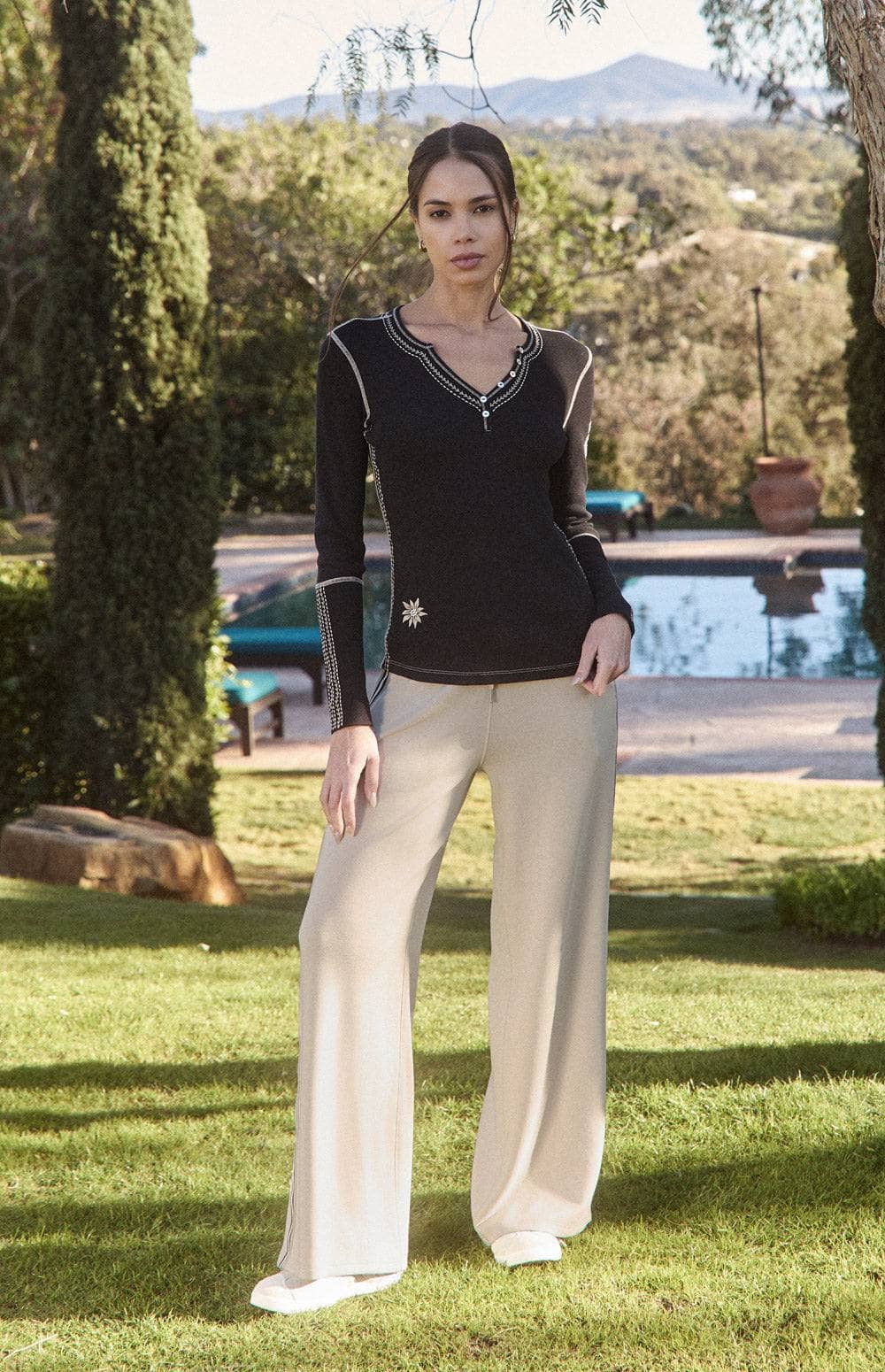 Alp N Rock Winowa Henley Shirt, Women's Black Long Sleeve Henley Top with Embroidery at the Neckline and Sleeves