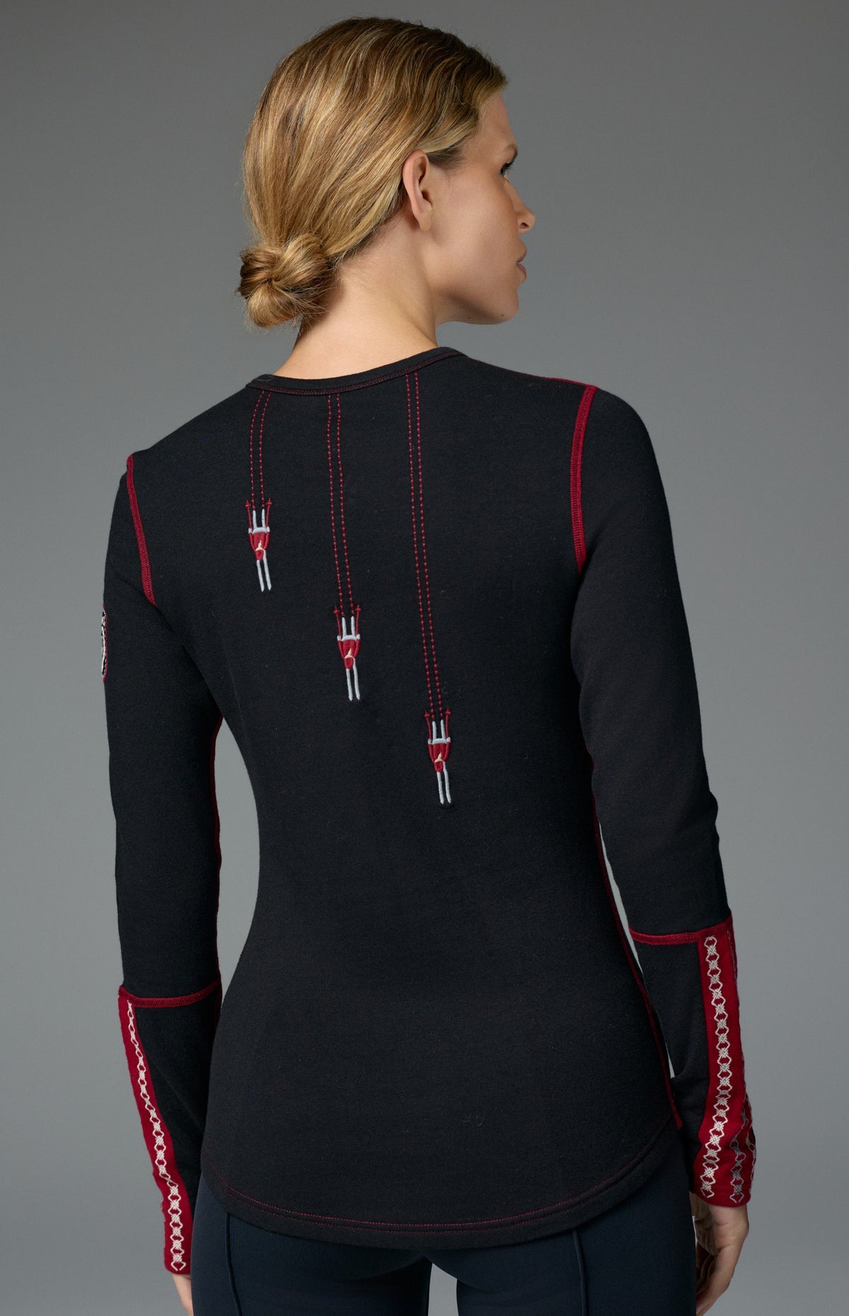 Alp N Rock Zermatt Ski Crew, women's black and red longsleeve ski crew with embroidered skiers and Zermatt lettering on chest