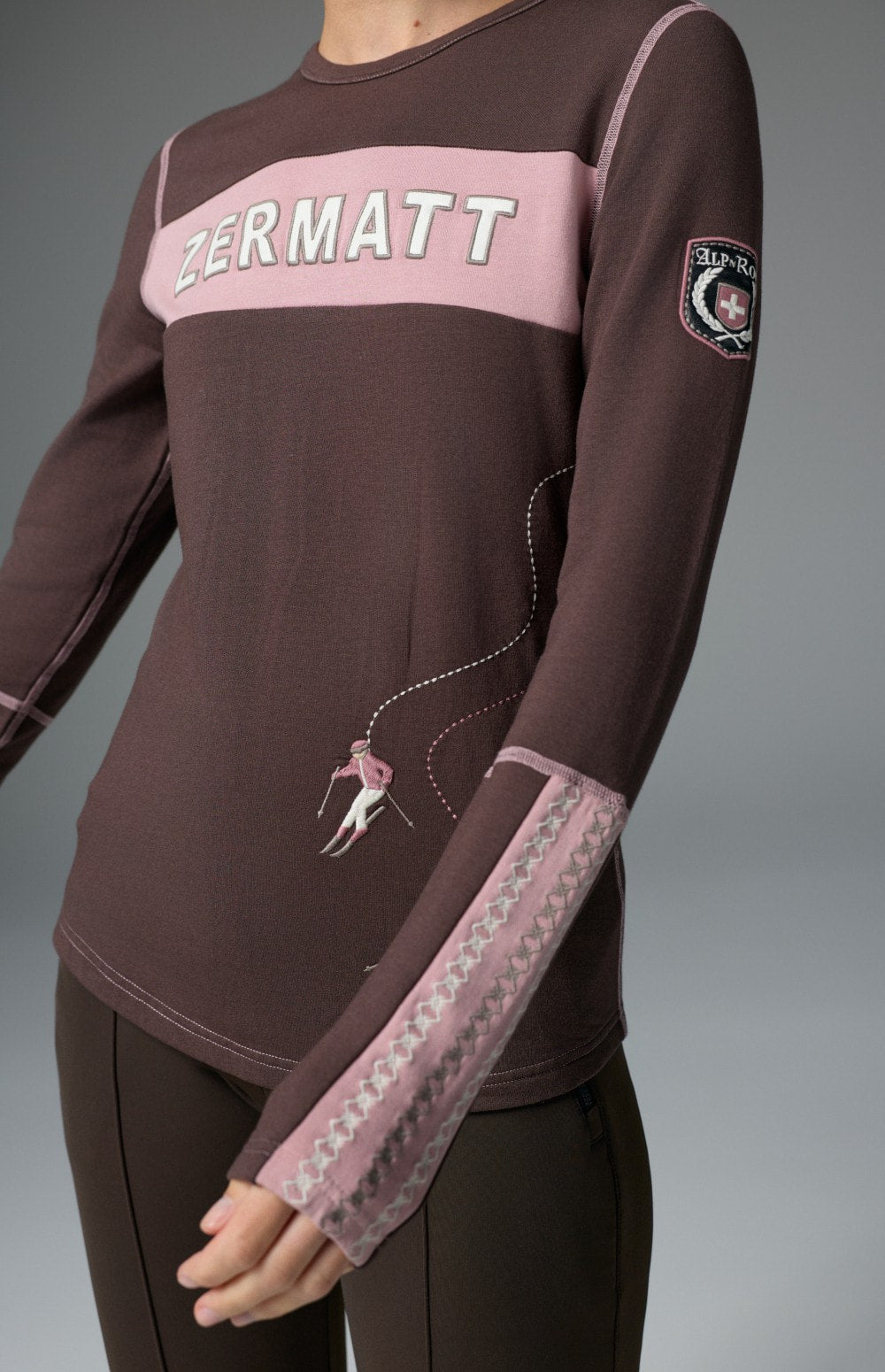 Alp N Rock Zermatt Ski Crew, women's brown and pink longsleeve ski crew with embroidered skiers and Zermatt lettering on chest