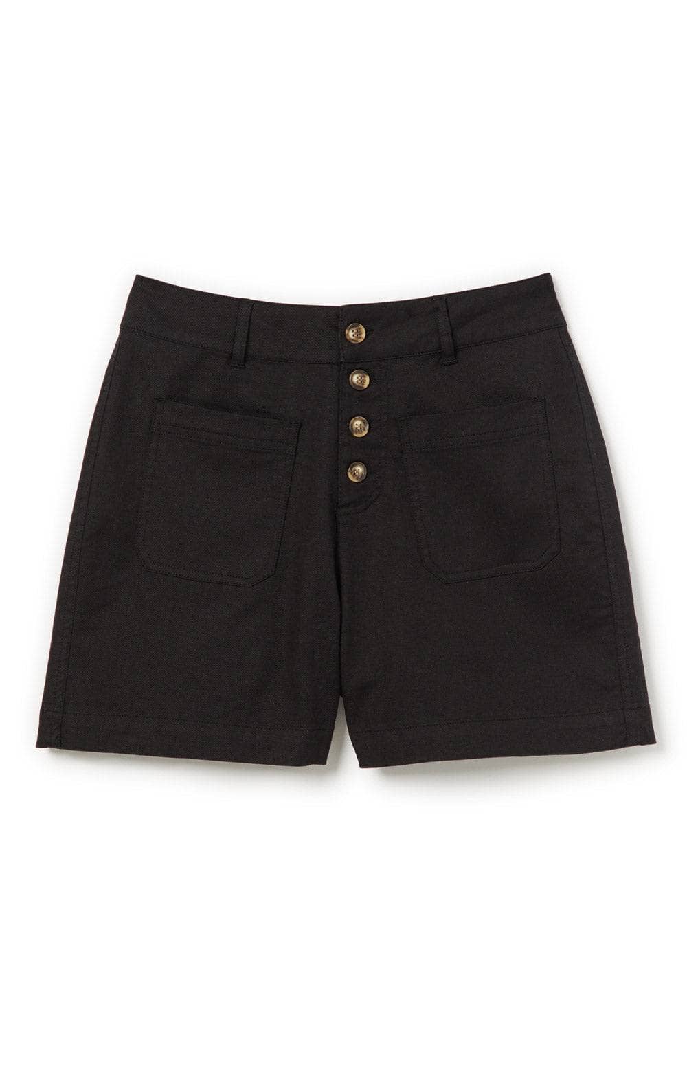 Dylan Short by Alp N Rock, Women's Black Linen Short with Button Front and Patch Pockets
