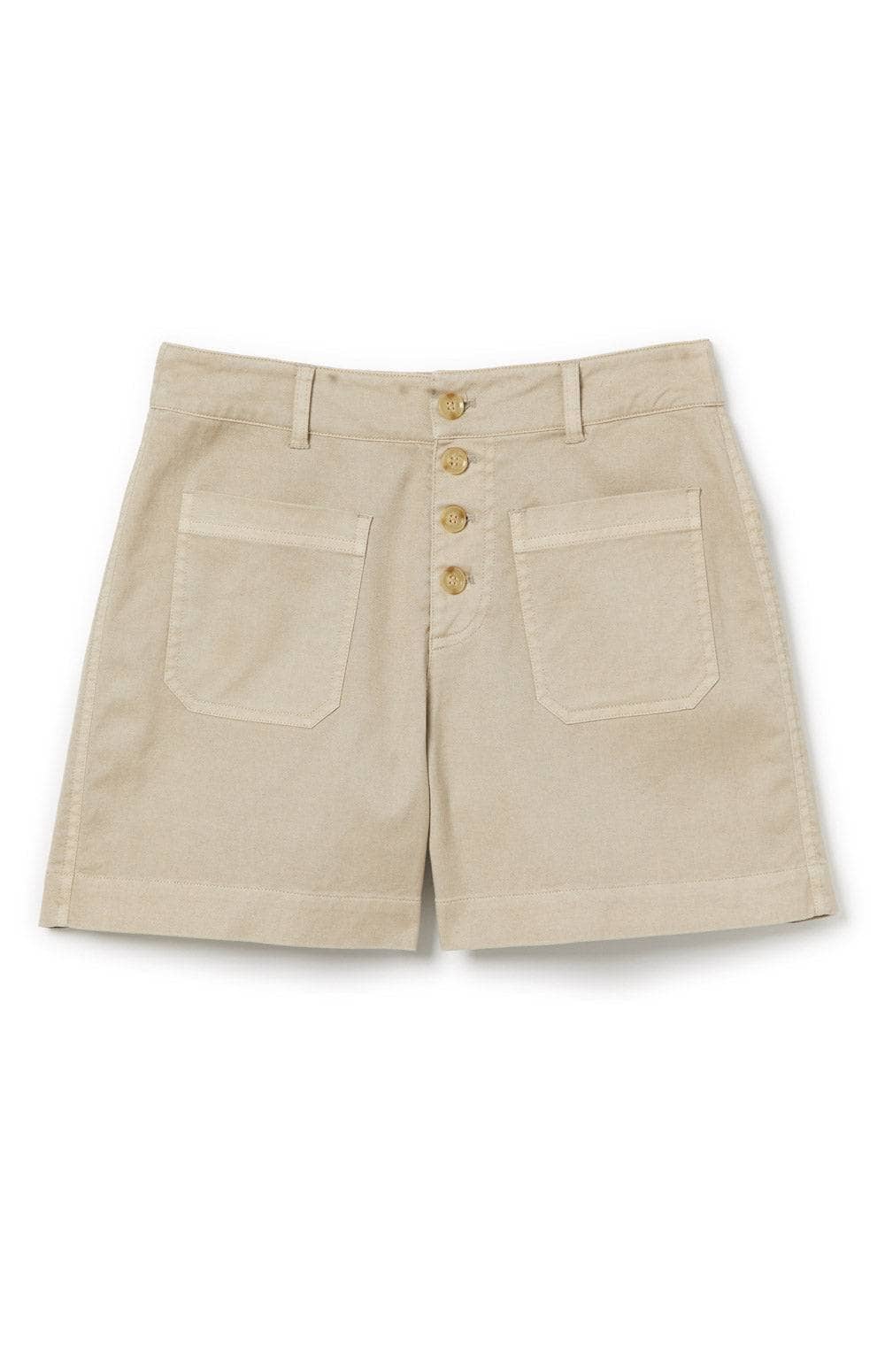Dylan Short by Alp N Rock, Women's Beige Linen Short with Button Front and Patch Pockets