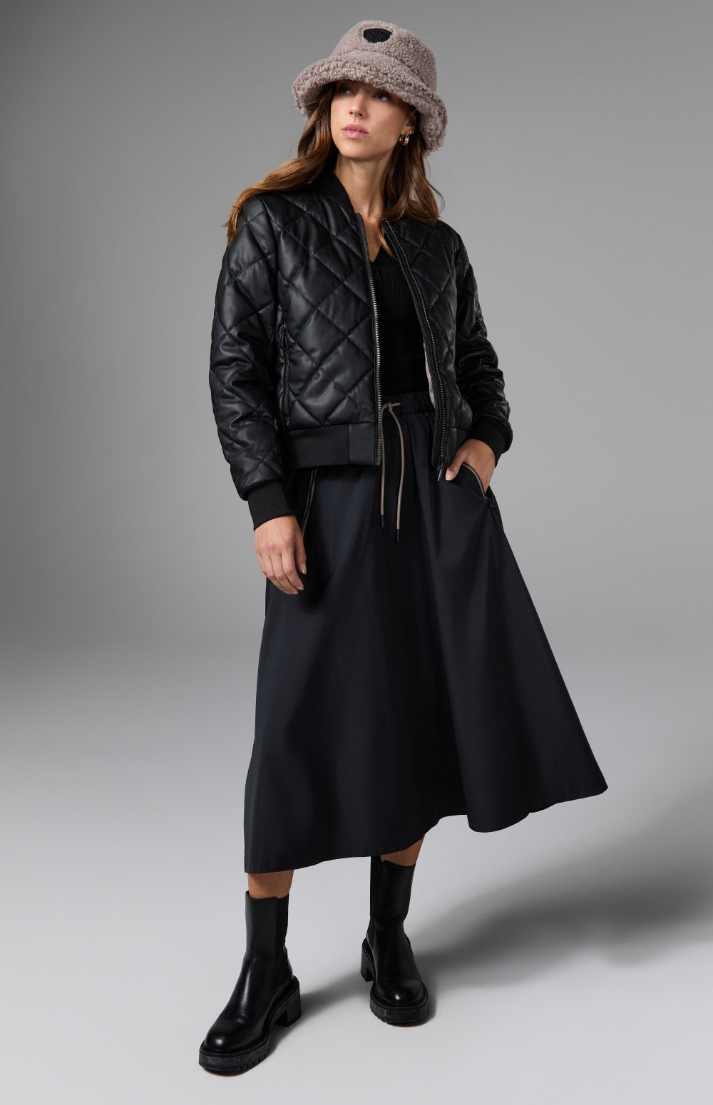 Alp N Rock Chelsea Gathered Midi Skirt, black mid length skirt for women