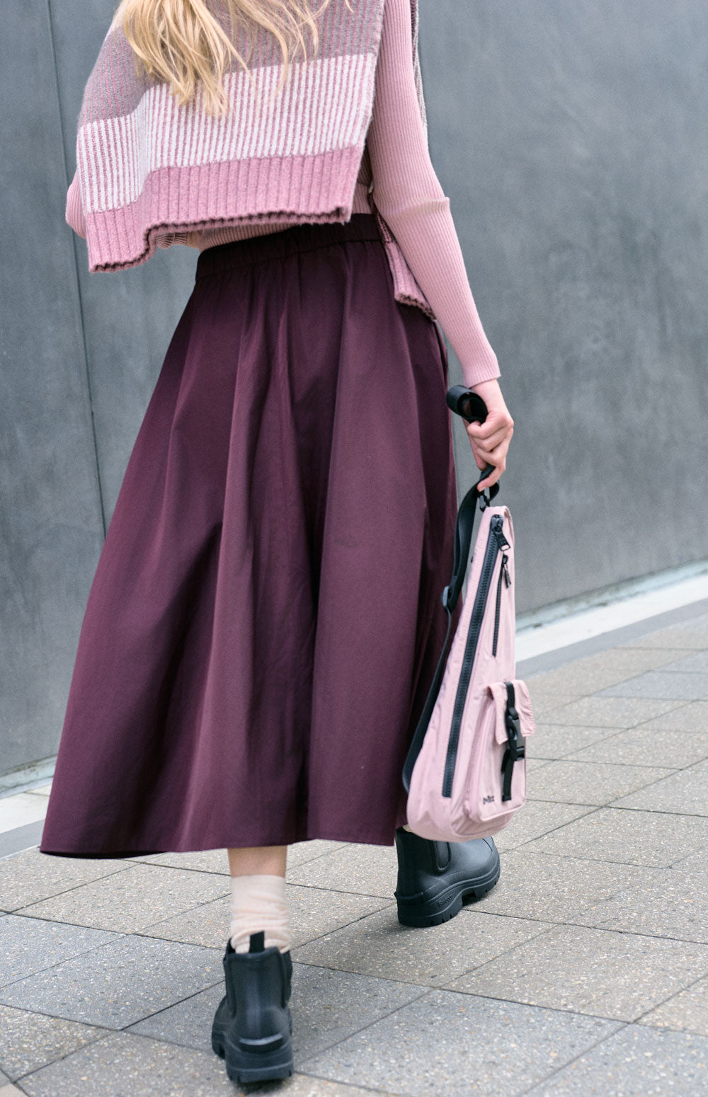 Alp N Rock Chelsea Gathered Midi Skirt, dark red mid length skirt with adjustable waist for women