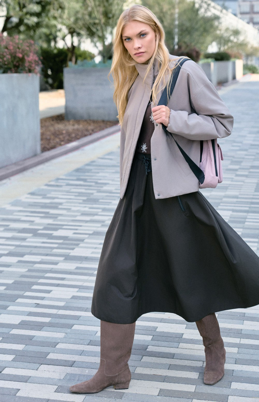 Alp N Rock Chelsea Gathered Midi Skirt, dark brown mid length skirt for women