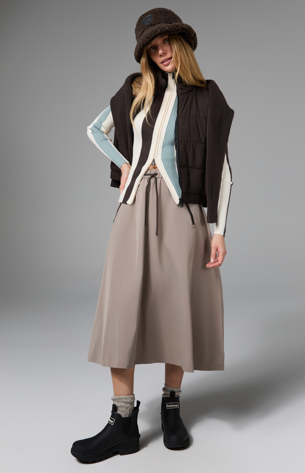 Alp N Rock Chelsea Gathered Midi Skirt, taupe mid length skirt for women