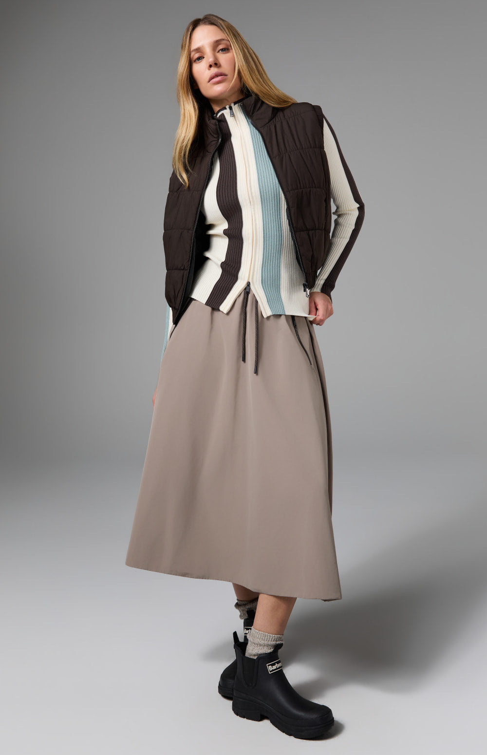 Alp N Rock Chelsea Gathered Midi Skirt, taupe mid length skirt for women